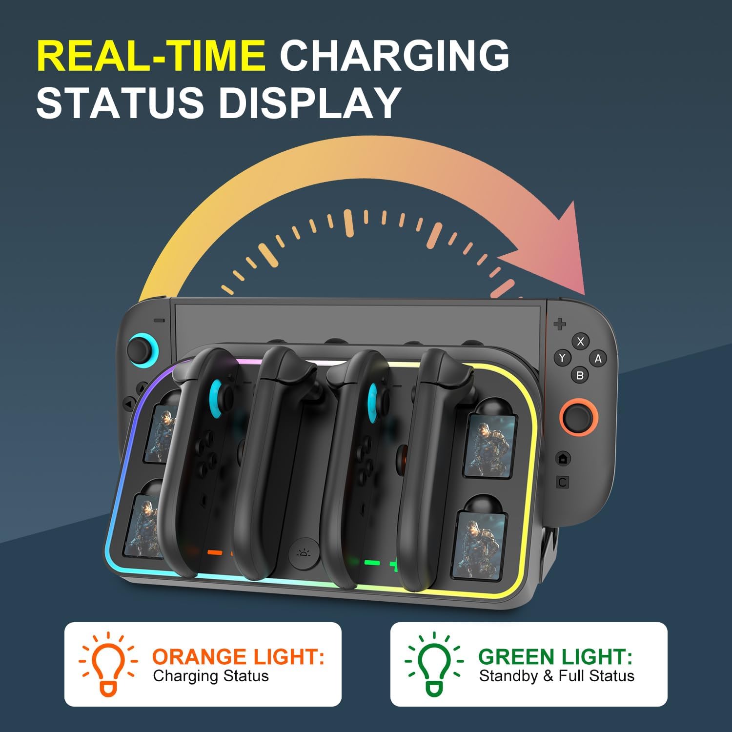 Wall Mount Charging Dock Station for Nintendo Switch 2,Controller Charging Dock Base with 7 RGB Light Modes and LED Charging Indicator,4 Game Card Slots,Black - Image 3