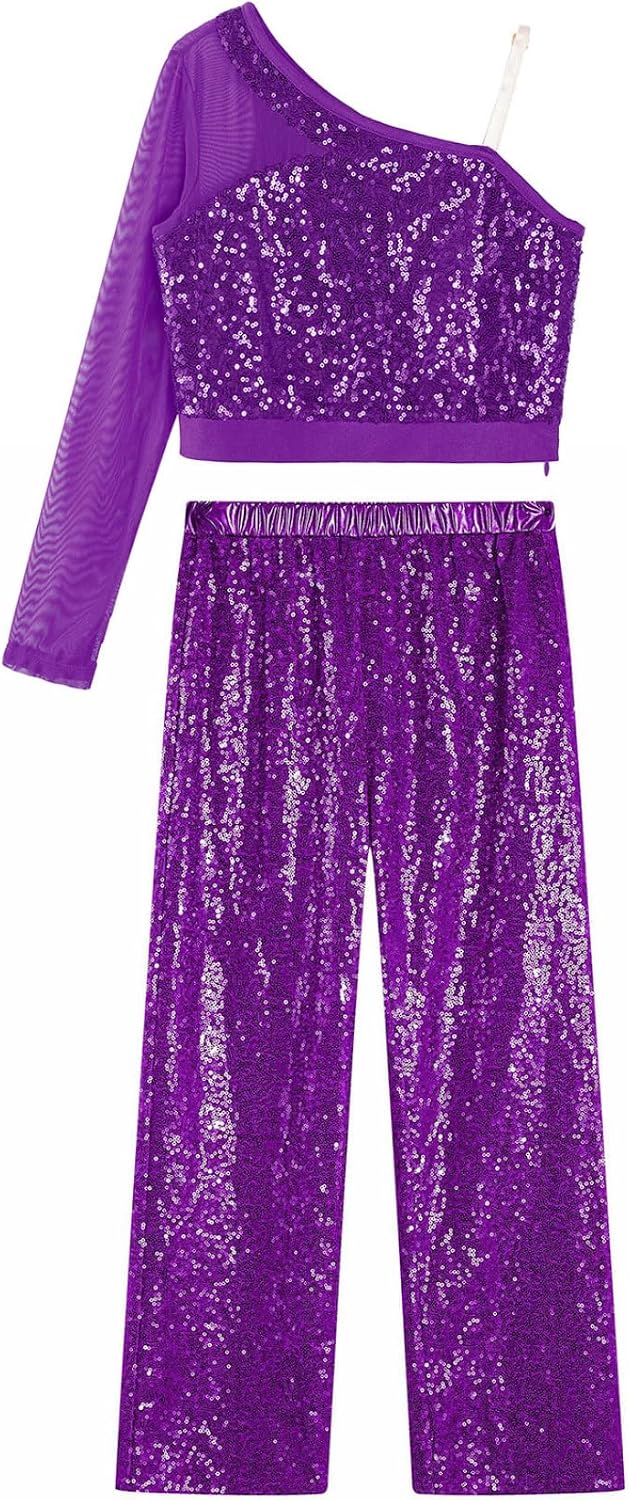 JEYPINMI Big Girls Sequins Hip Hop Jazz Dance Performance Costume Crop Top with Pants Set Street Dance Outfits