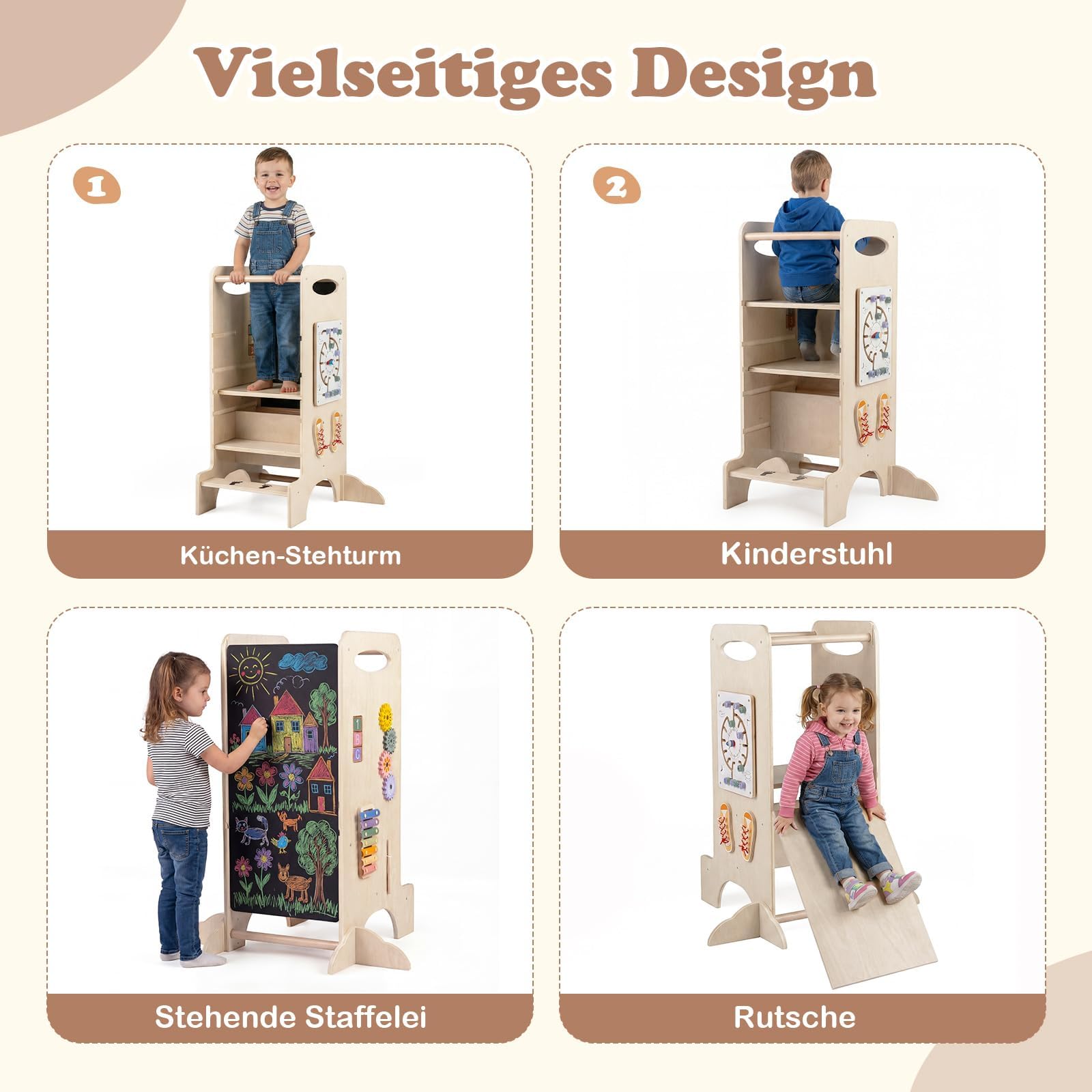 COSTWAY 4 in 1 Lernturm mit Spieltablett, Tritthocker Montessori mit 3 verstellbaren Höhen & Abnehmbarer Tafel, Trittleiter aus Buchenholz, Trittschemel für Kinder ab 3 Jahren