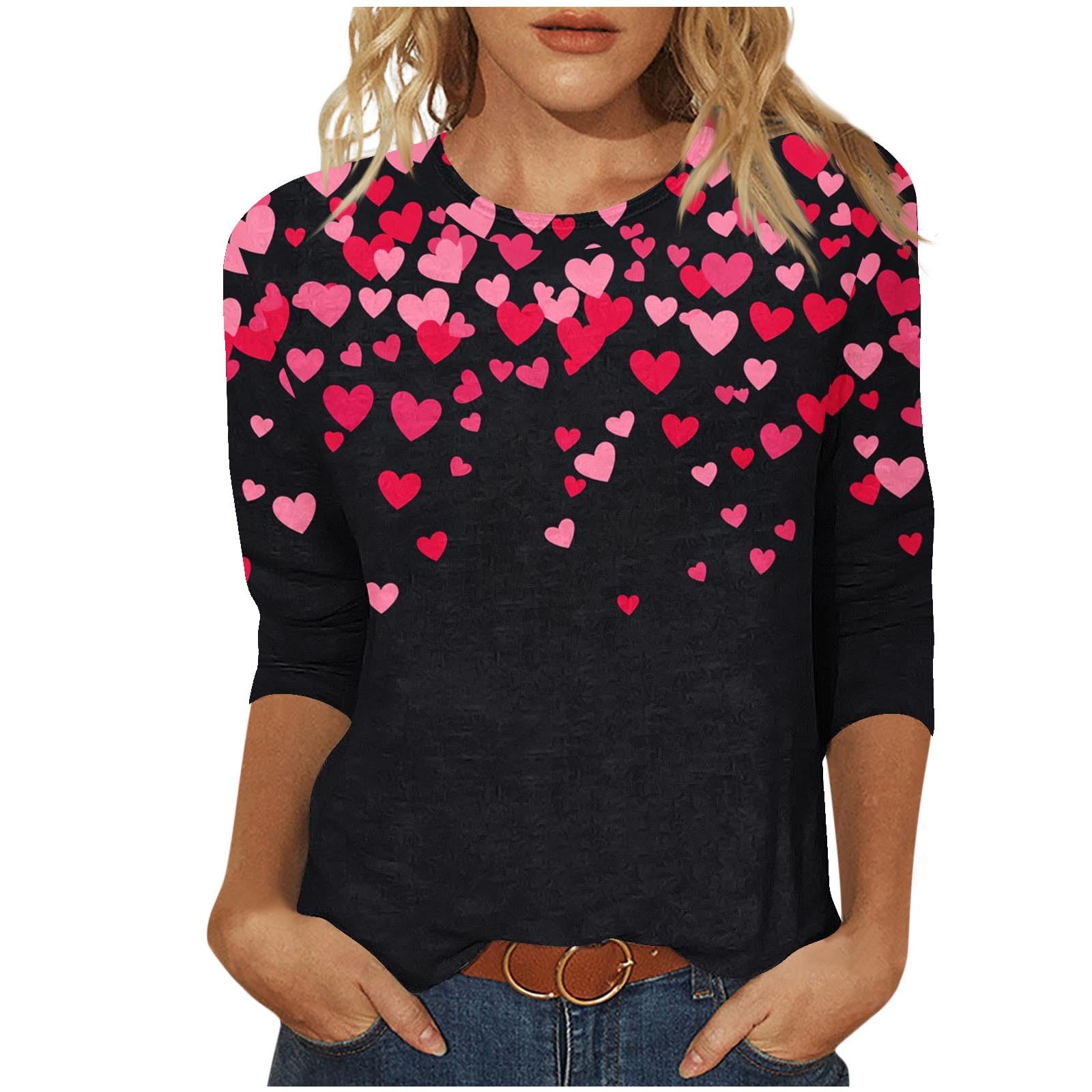 LRMQS Valentines Shirts for Women Plus Size Cute 3/4 Sleeve Funny Graphic Tee Shirt Heart Shaped Fashion Casual Clothes Tops