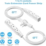 3 Prong 12 FT Twin Extension Cord Power Strip, 6 Feet and 3 Outlet on Each Side, Flat Head Outlet Plug Extender, Double Extension Cord Splitter for Home and Office Use (White)
