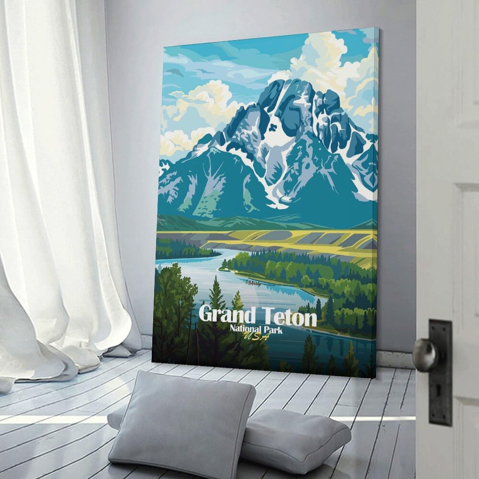 Junmoney Grand Teton National Park Illustration Wall Art Print, 20x30inch(50x75cm), for Wall Displays, Bedrooms Or Room Updates, A Versatile Canvas Print for Layering