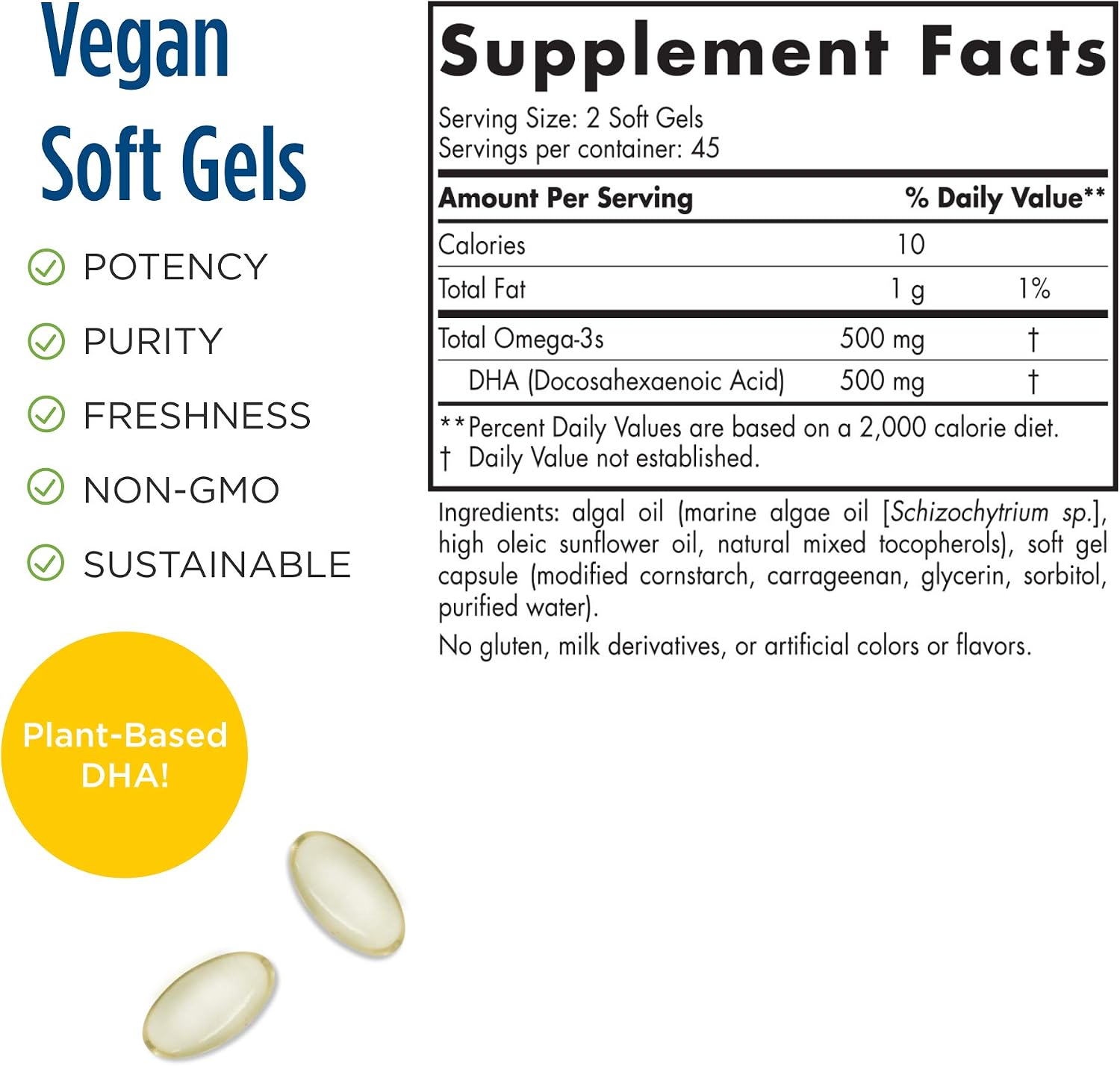 Nordic Naturals Algae DHA - 90 Soft Gels - 500 mg Omega-3 DHA - Certified Vegan Algae Oil - Plant-Based DHA - Brain, Eye & Nervous System Support - Non-GMO - 45 Servings