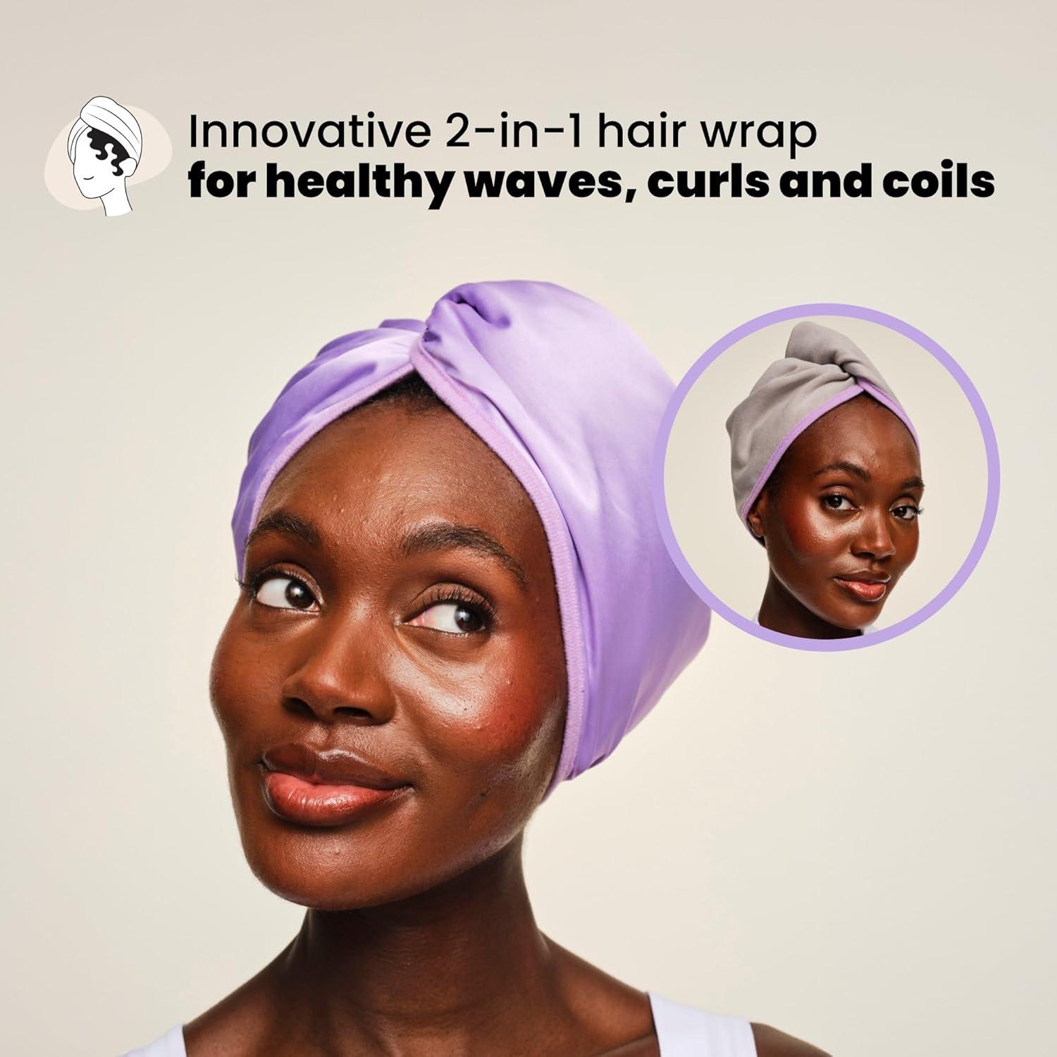 TANGLE TEEZER Double Sided Hair Towel Wrap with Smoothing Satin & Soft Cotton Jersey to Absorb Water & Minimize Frizz, for Curly Hair Types 2C-4C - Image 2