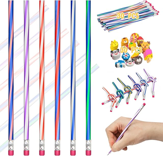 30 Pcs Bendy Pencils for kids Flexible Bendable Pencils Soft Pencil Colorful Bendable Pencils with 30 Pcs Animal Eraser for Teachers Classroom Party Supplies School Prizes Kids Gift Presents