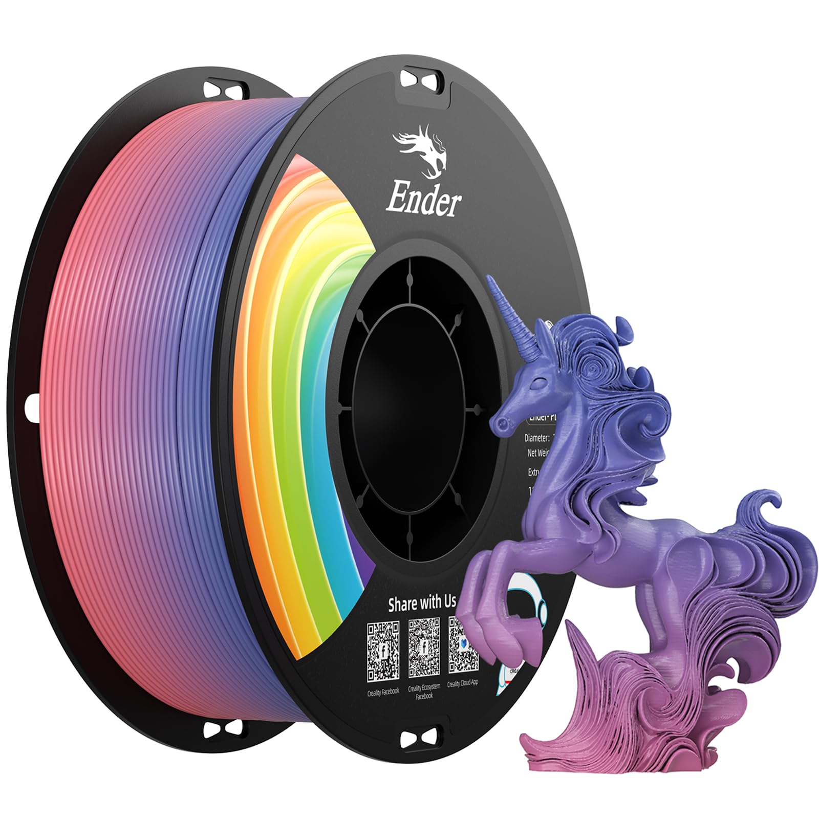 Creality 3D Printer Filament 1.75mm, Rainbow Upgrade PLA+ Filament Strong Toughness No-Tangling Vacuum Packaging 3D Printing Filament Fit Most 3D Printers, 1kg Spool, Accuracy +/- 0.02mm, Multi-Color