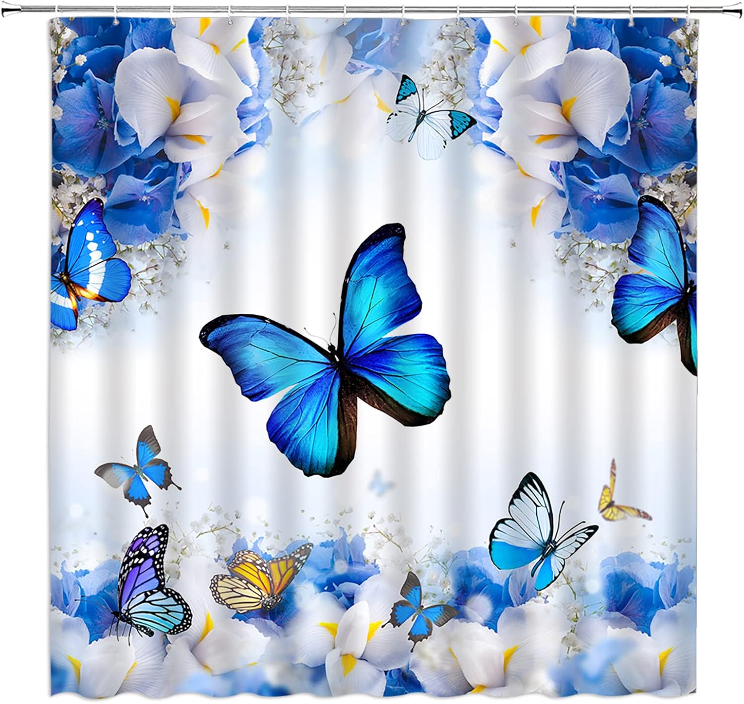 Flower Butterfly Shower Curtain Blue Floral Butterflies Spring Nature Dream Fantasy Fabric Bathroom Curtains Decor Set with Hook(70" Wx74.8 H)