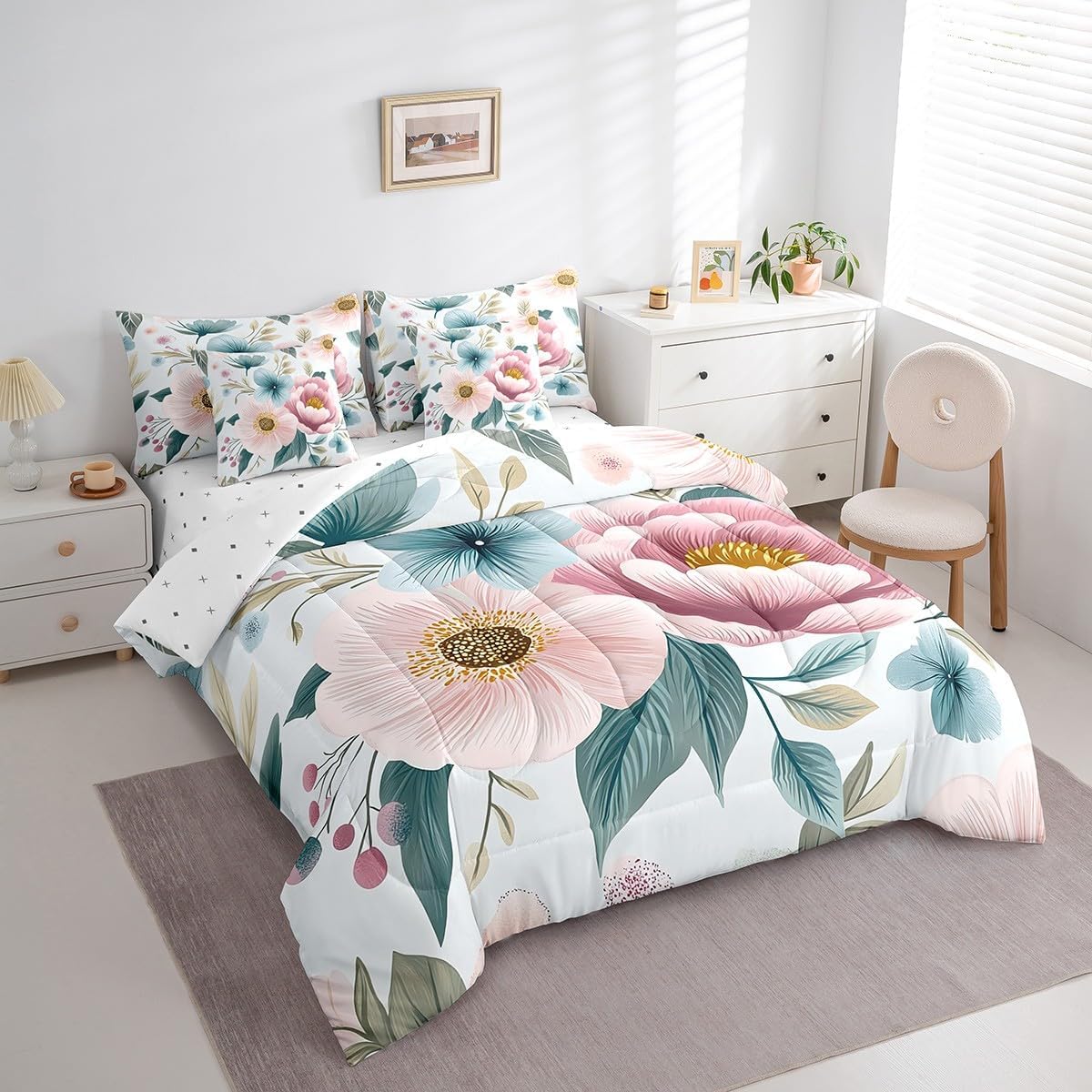 Erosebridal Cute Aesthetics Full Bedding Set 7 Piece Pink Blue Flower Comforter Set with Sheets for Girls Women Green Botanical Leaf Bed in A Bag Garden Floral Plant Bed Set with Pillow Covers