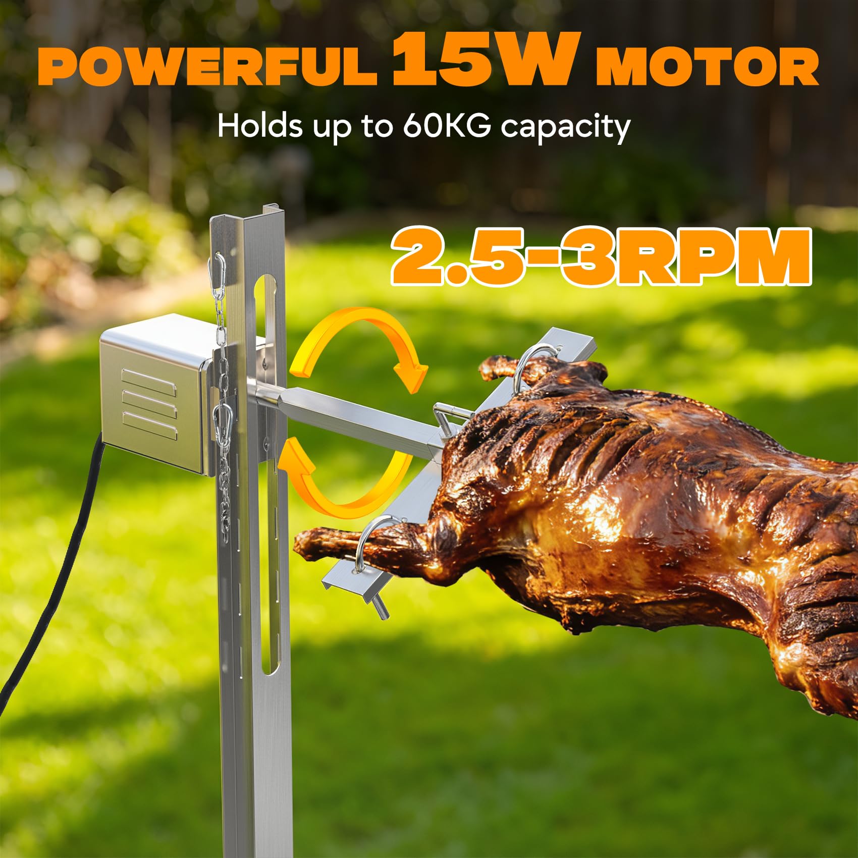 onlyfire Kit de Brocheta Eléctrica con Motor, Brocheta Giratoria Automática con 5 Niveles de Altura para Cordero, Pollo y Carne a la Parrilla, Brocheta Parrilla de Acero Inoxidable, Carga Máxima 60KG