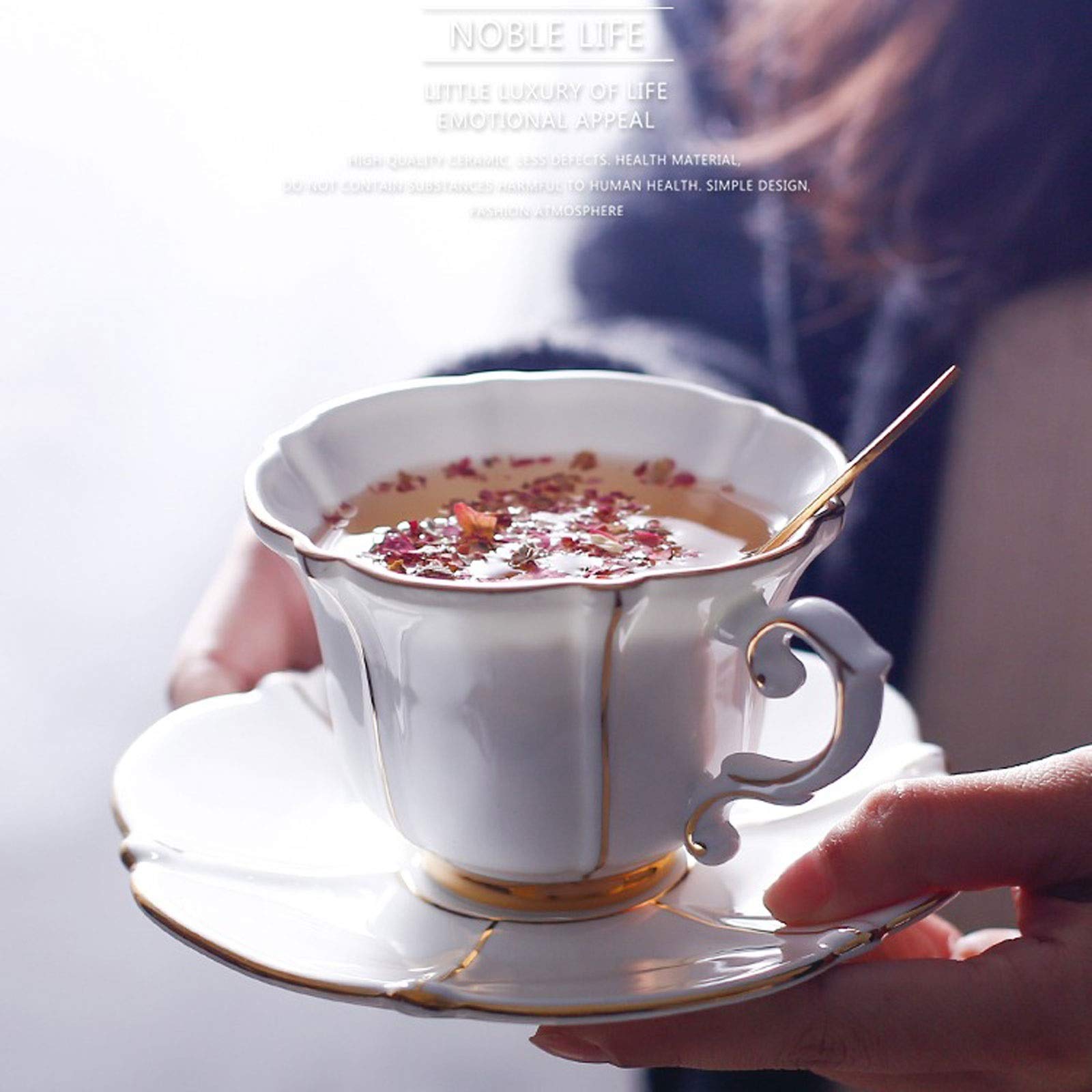 Keramik Kaffeebecher Kaffeetassen Keramik-Tassen und Untertassen-Set Elegantes Tee-Kaffee-Set im europäischen Stil Ausgefallene Kaffeetassen mit Teelöffeln 6,8 Unzen for Kaffee, Milch
