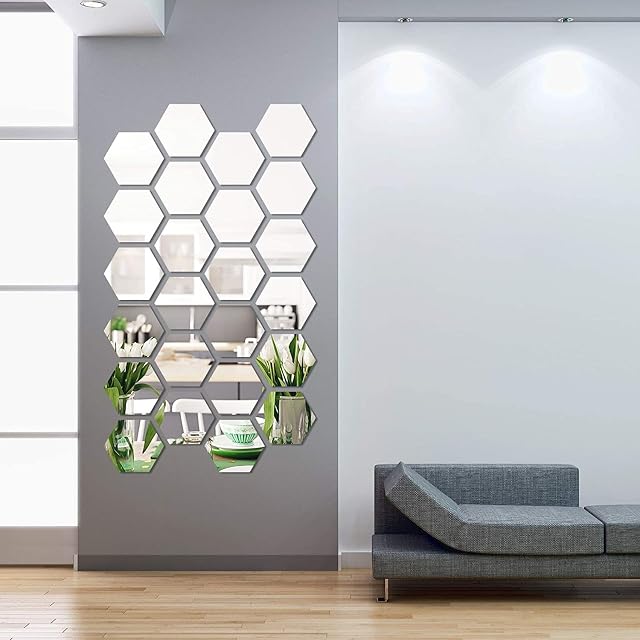 Shappy 24 Pieces Removable Acrylic Mirror Setting Wall Sticker Decal for Home Living Room Bedroom Decor (Hexagon, 24 Pieces)