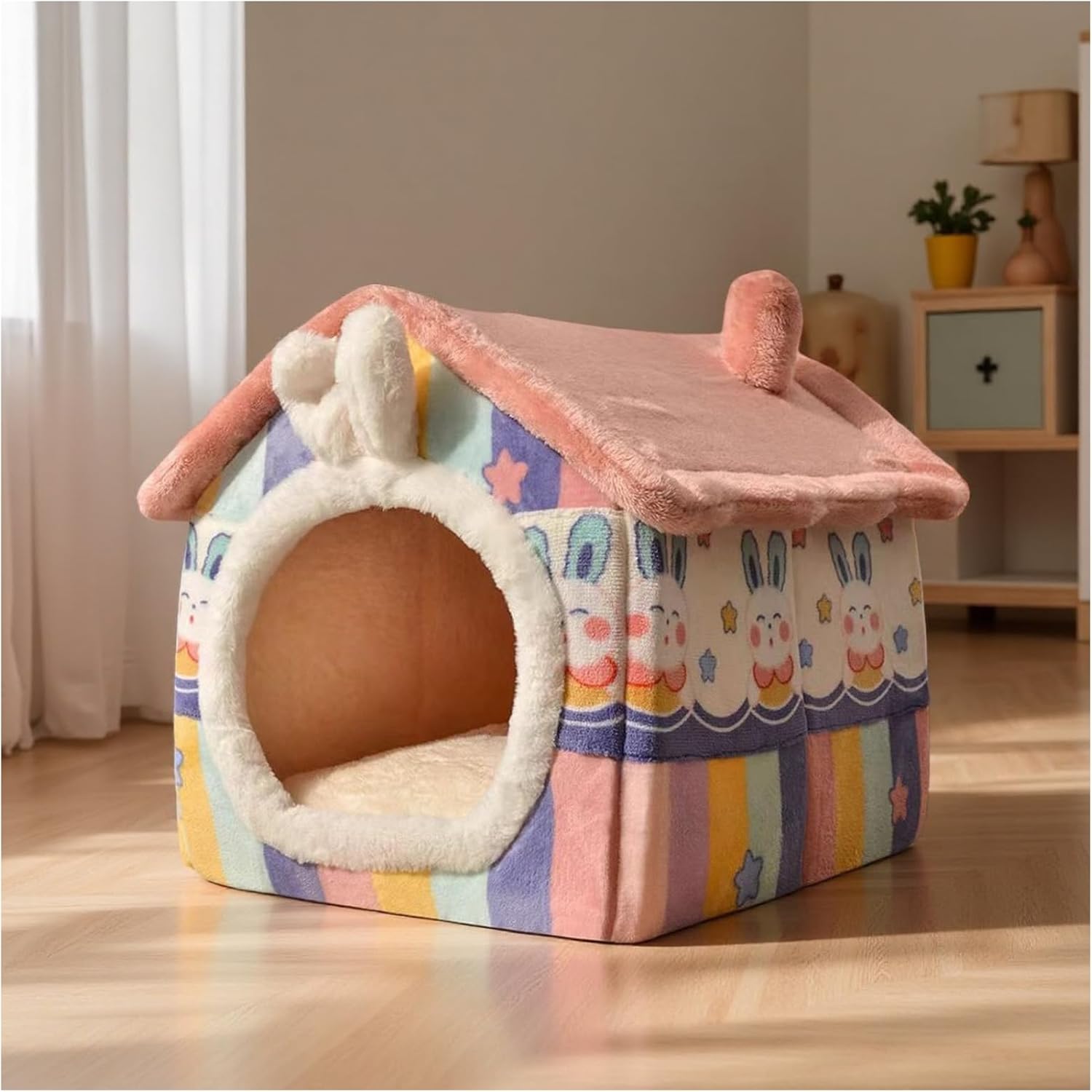 Cat Bed Cave, Cute Bear Shape Cat Beds for Indoor Cats, Pet House Cats Tent with Removable Cushion Pillow for Kittens Puppy Small Dogs (Pink, S)