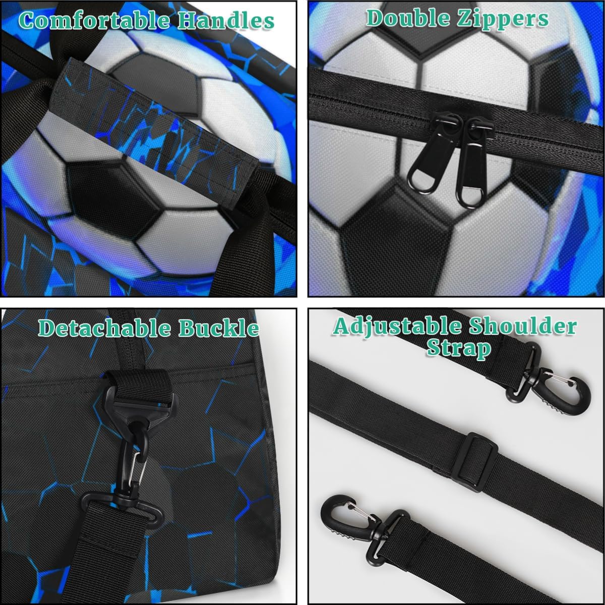 Sports Bag for Kids Boys, Soccer Ball Blue Black Sports Gym Duffel Fitness Bags Travel Weekender Tote Carry-On Training Perform Bag