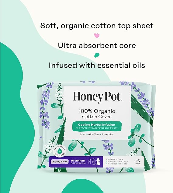 e Honey Pot Company - Organic Cotton Cover, Herbal Overnight Heavy Flow Pads with Wings - 16 ct.