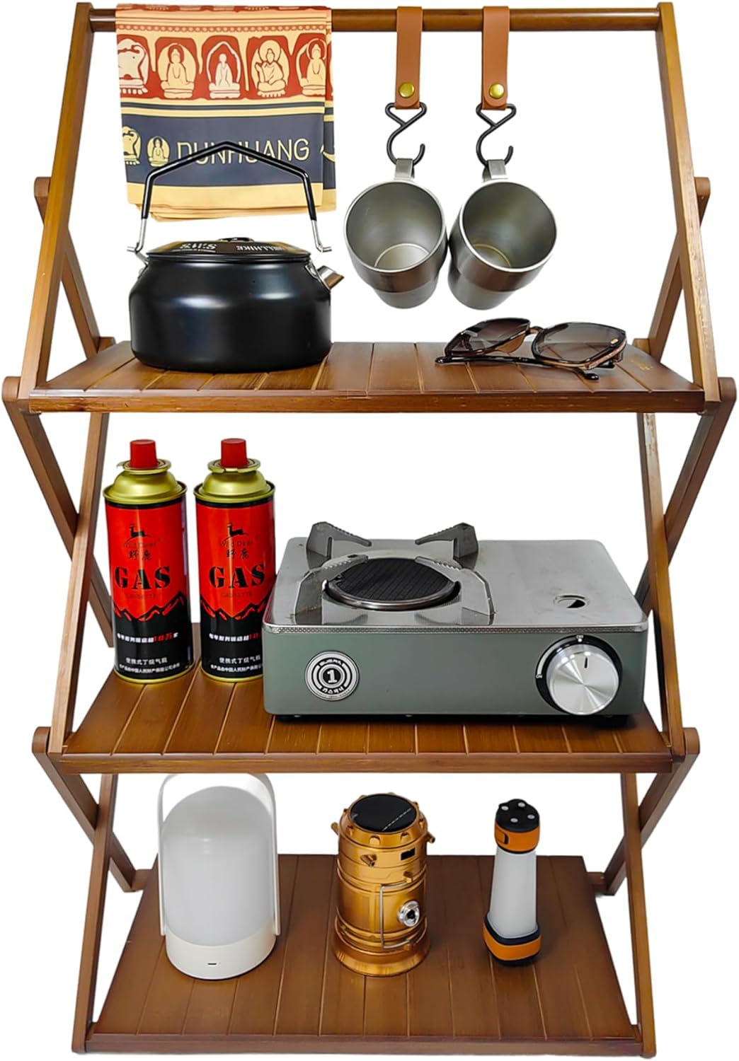 Foldable Bamboo Shelf, Folding Shoe Rack, Flower Rack, Camping Rack, No Installation Required, Portable, Space Saving, Multi-Purpose Storage Rack (Walnut, 3 Tiers with Boom)