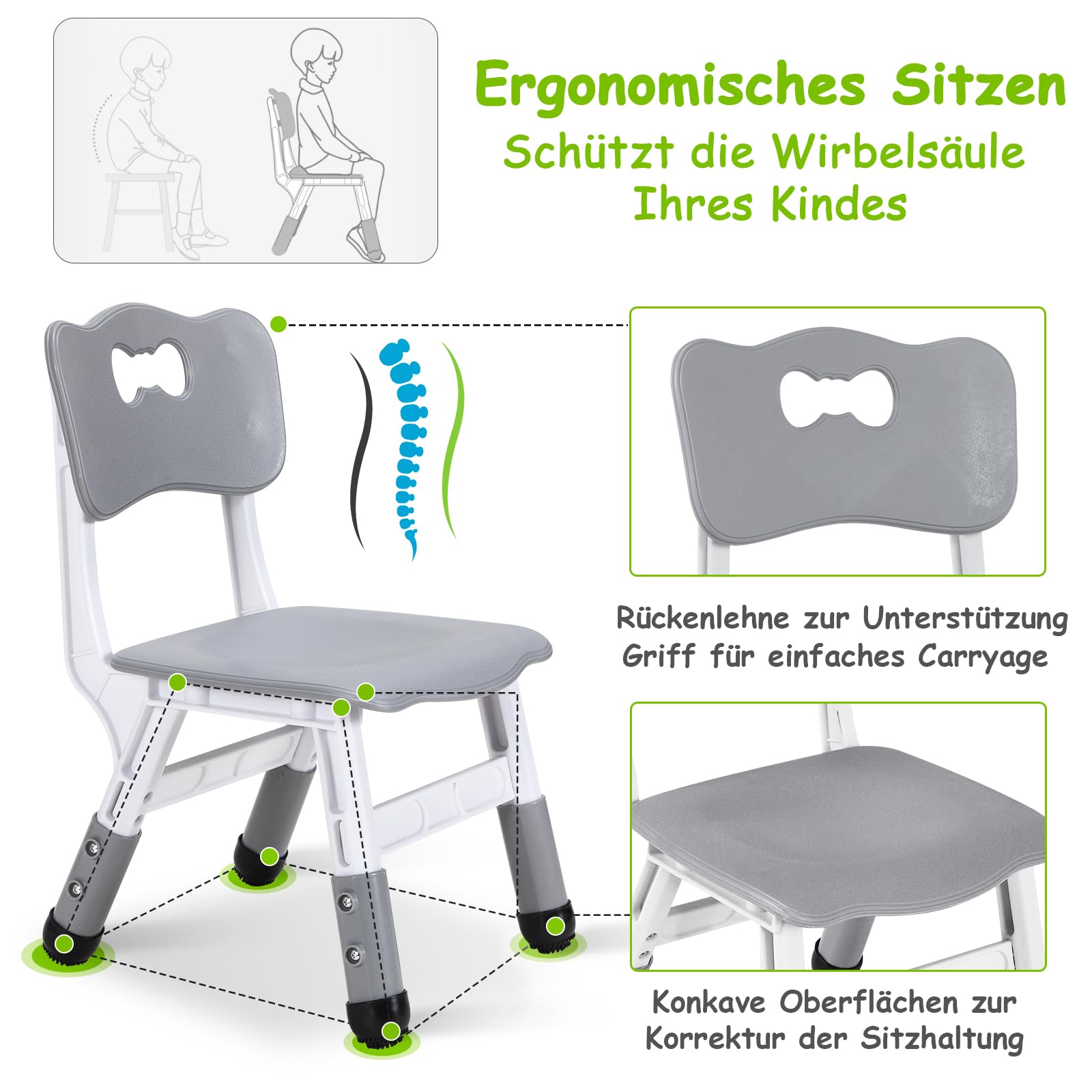 Kindertisch mit 2PCS Stühlen, Packung mit 2 Stühlen, Kindersitzgruppe Höhenverstellbar,Plastik Kinder Tisch Stuhl Set, Erdnussform, Maltisch,Kinder Schreibtisch für Kindertagesstätte/Kindergarten,Grau