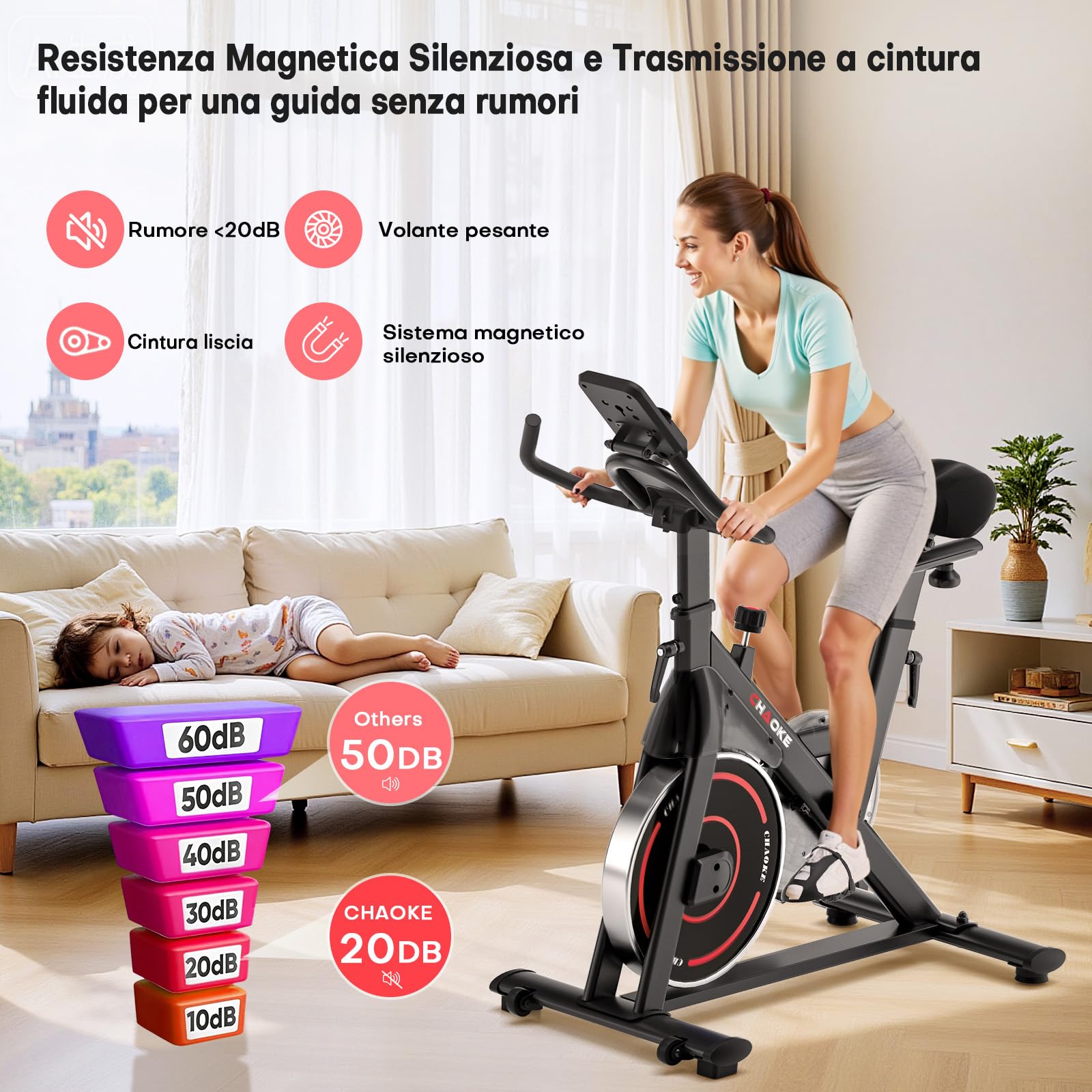 CHAOKE Cyclette da Casa con App, Cyclette per Casa Magnetoresistanza ultra Silenziosa 10dB, con Applicazione, Sedile Morbido e Traspirante e Schermo LCD, Peso Massimo di 150KG Cyclette Professionale