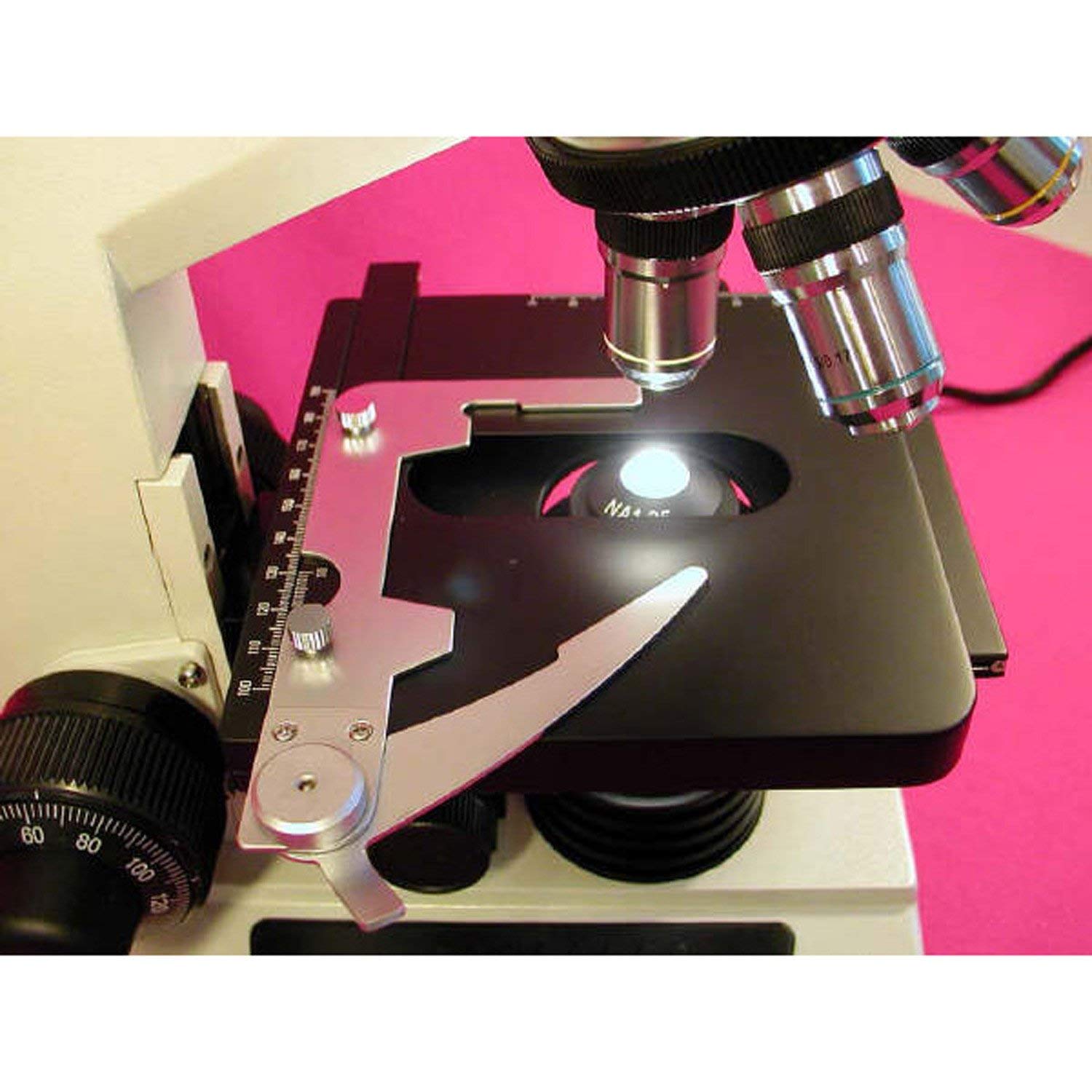 Close-up of AmScope D200 microscope stage with illumination