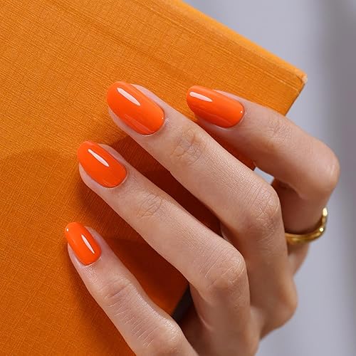 Neon Orange Press on Nails Round - GJZEZ Short Citrus
