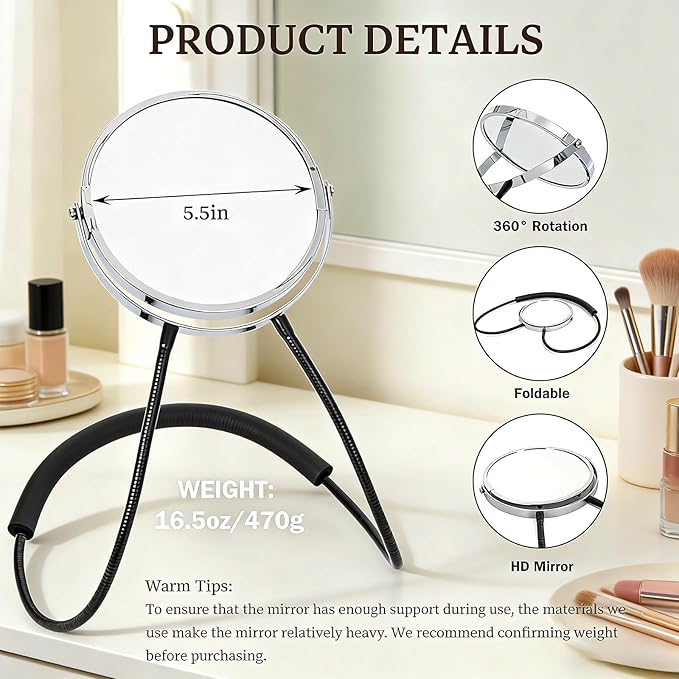 Espejo de Maquillaje Grandeco Doble Cara, 5X Aumento y Brazo Flexible miniatura 4