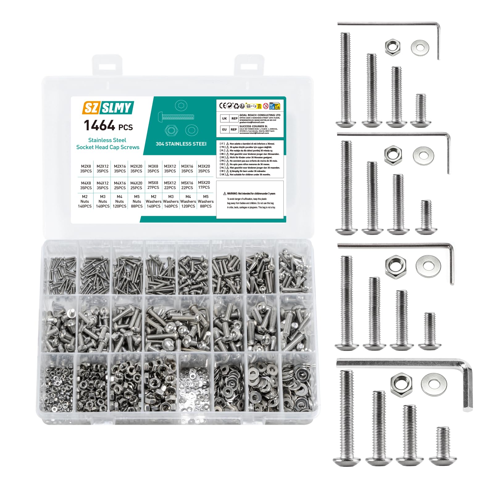 1464 Pcs M2 M3 M4 M5 Bolts and Nuts Set, Assorted Nuts and Bolts Assortment, Stainless Steel Round Head Hex Socket Cap Screws Assortment, Machine Screws with Washers Set