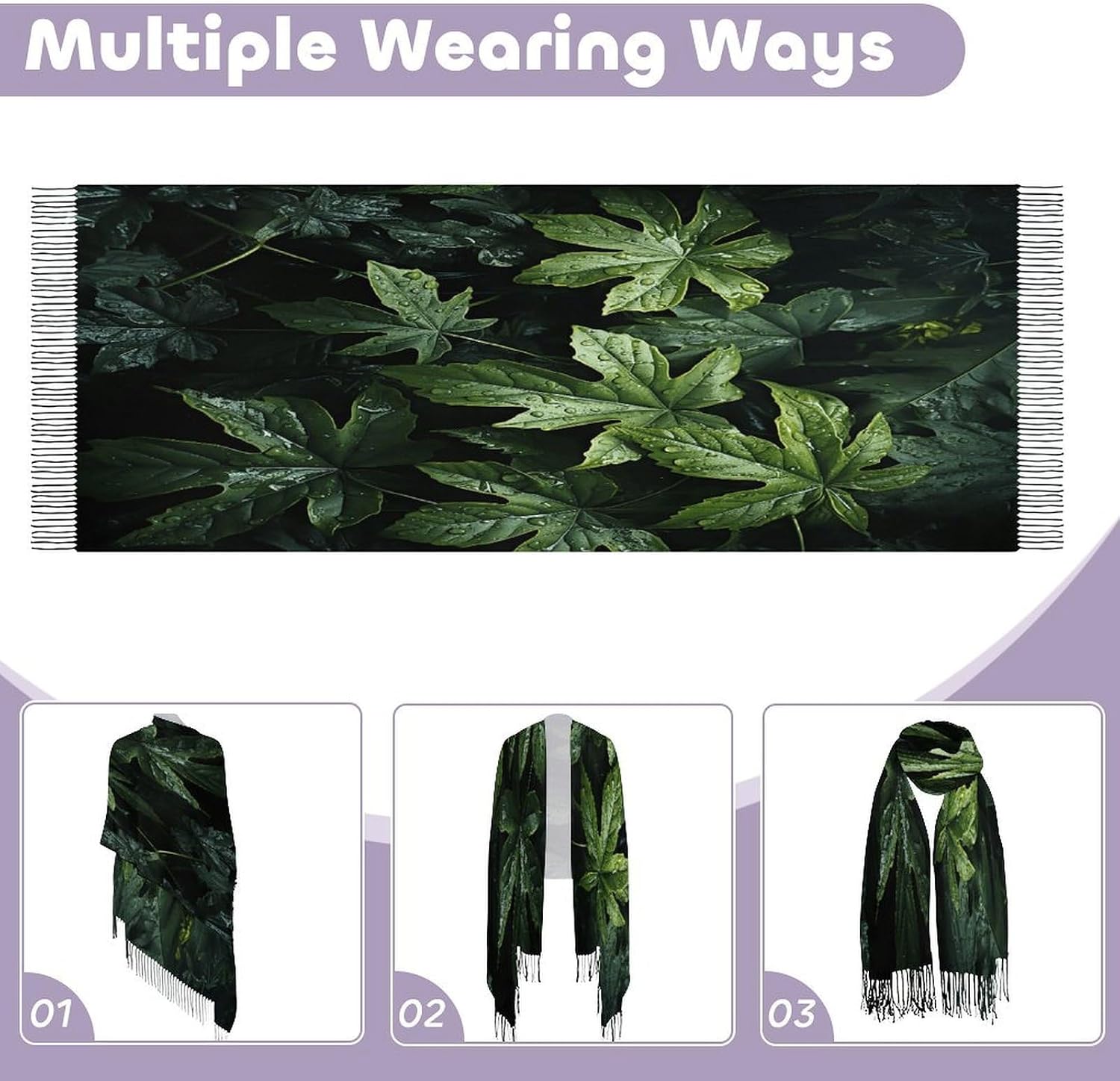 Green Leaves Pattern Scarf for Women Men Classic Fashion Blanket Scarves Soft Cashmere Feel Scarf Cold Weather Warm Long Shawl Winter Large Scarves Classic Blanket Scarfs Thick