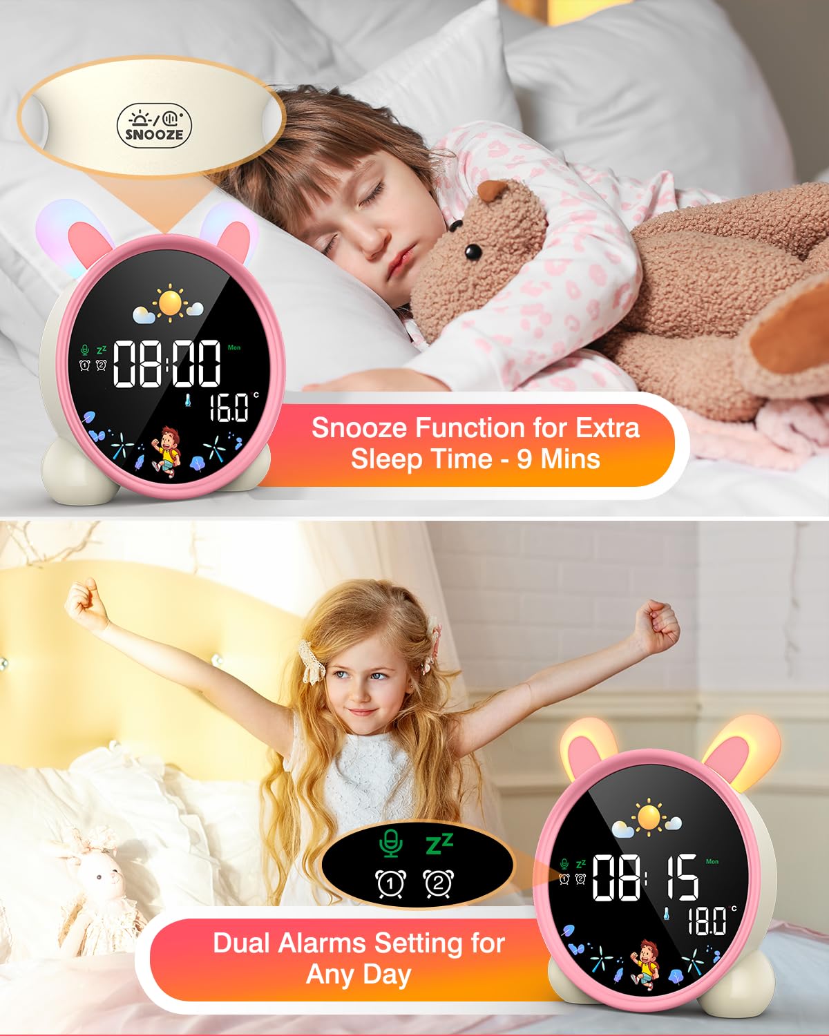 Lemnoi Wecker für Kinder, Kinder Schlaftrainer für Jungen und Mädchen, Batteriebetrieben Kinderwecker Lichtwecker mit Nachtlicht, Countdown, Snooze-Funktion, 3 Helligkeitsstufen und Buntem Licht