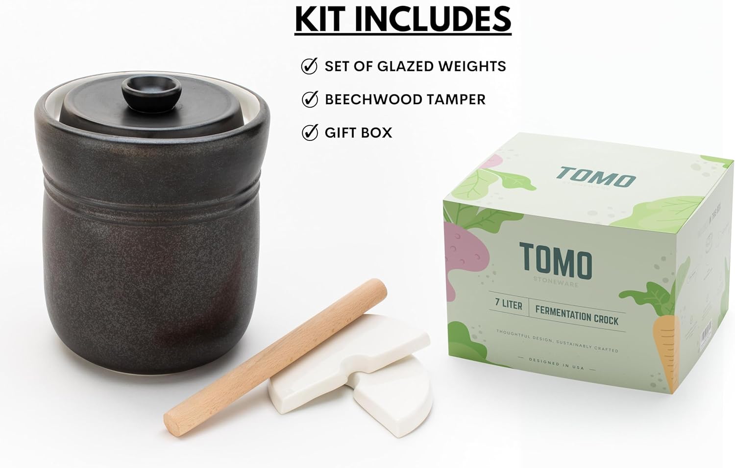 TOMO Fermentation Crock with Weights - Ceramic Sauerkraut Pickling Crock - Stoneware Kombucha Brewing (7L) - Image 2