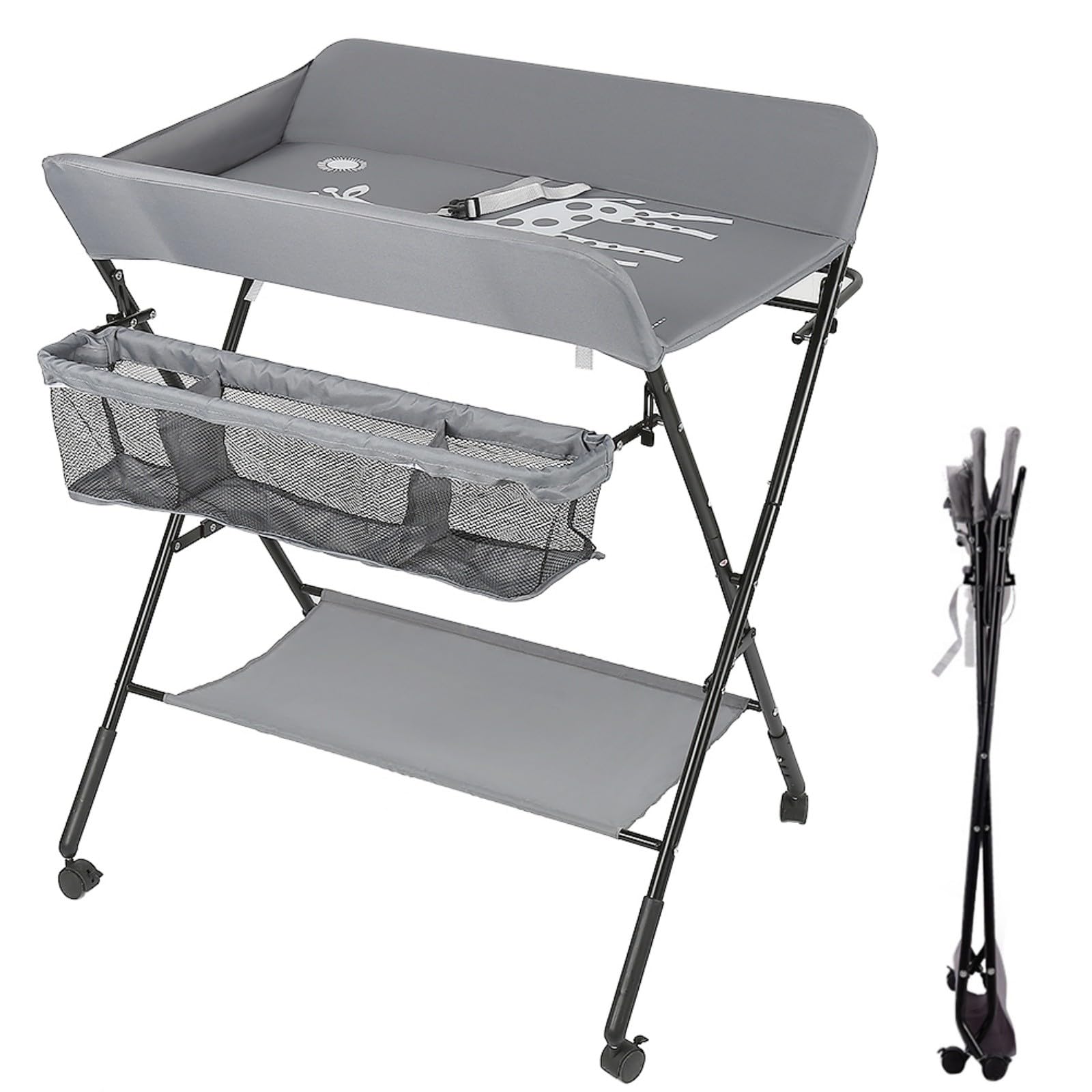 Belfoyer Baby Changing Table with 3-Level Adjustable Height, Foldable Infant Diaper Station with Wheels & Storage, Waterproof Oxford Cloth, Portable Nursery Unit for Newborns, Grey