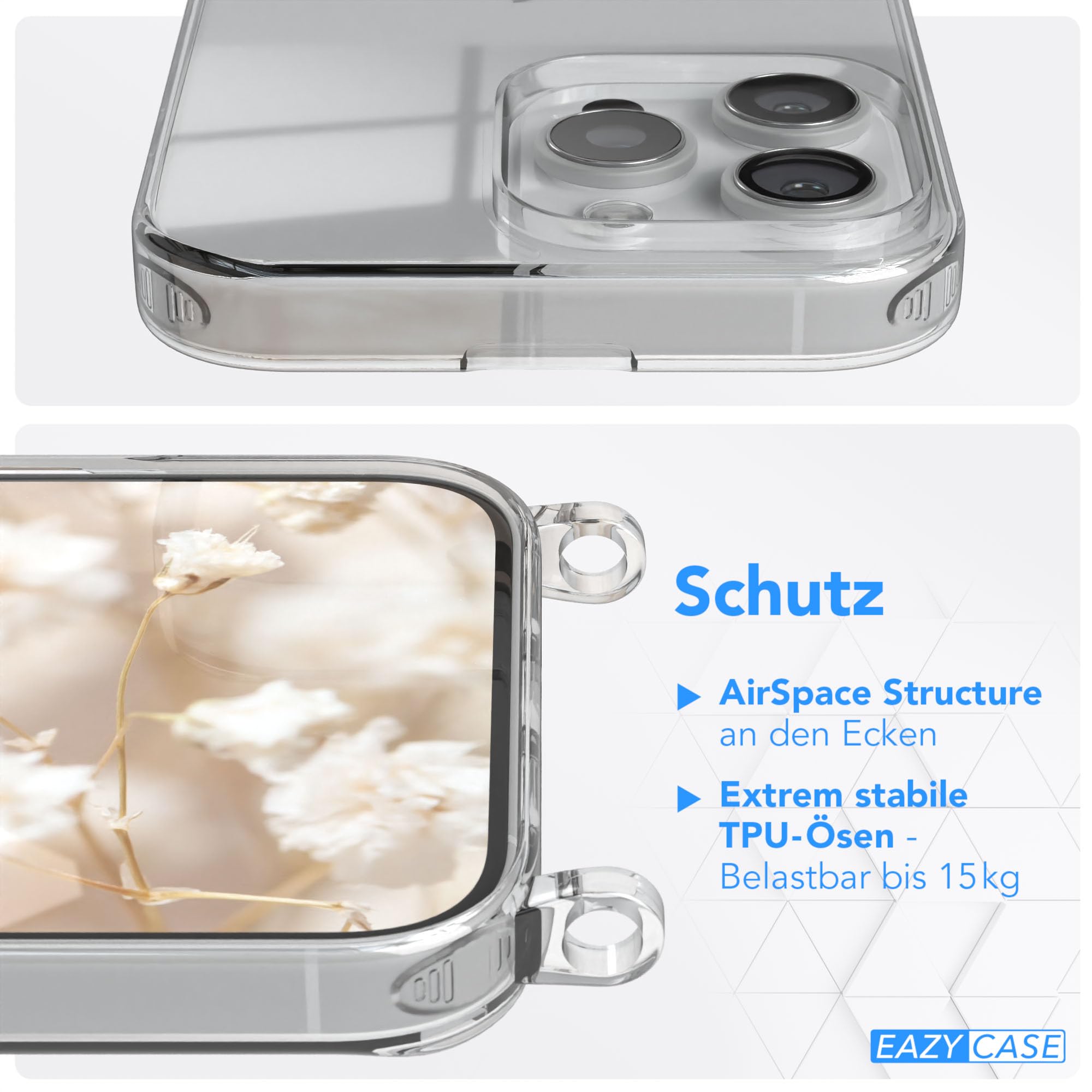 EAZY CASE Handykette - Verstellbares Taschenband kompatibel mit iPhone 16 Pro Max, Schulterriemen, Handykordel mit Silikon Hülle, Umhängetasche, Leo - Schwarz Beige Gold