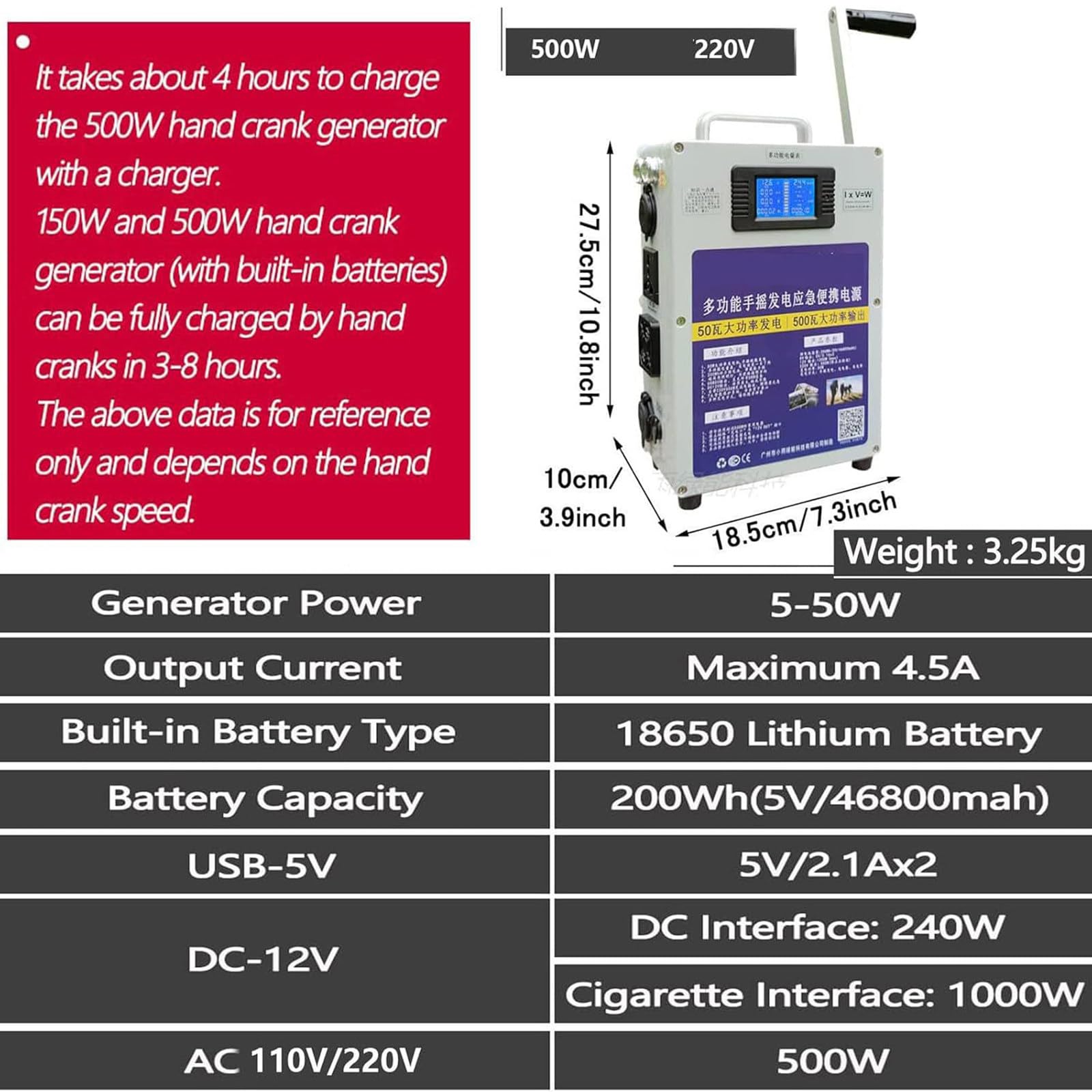 Generatore a Manovella da 500 W, 200 Wh, 46800 mAh, Stazione di Alimentazione Portatile con Presa, 220 V AC/DC/USB Generatori di Alimentazione Mobile, Alimentazione di Emergenza