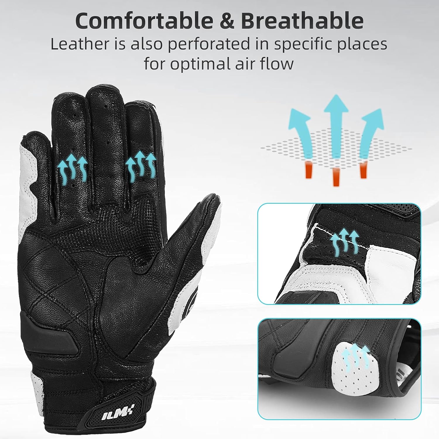 ILM Air Flow Leather Motorcycle Gloves Touchscreen for Men and Women (XL, White) : Automotive