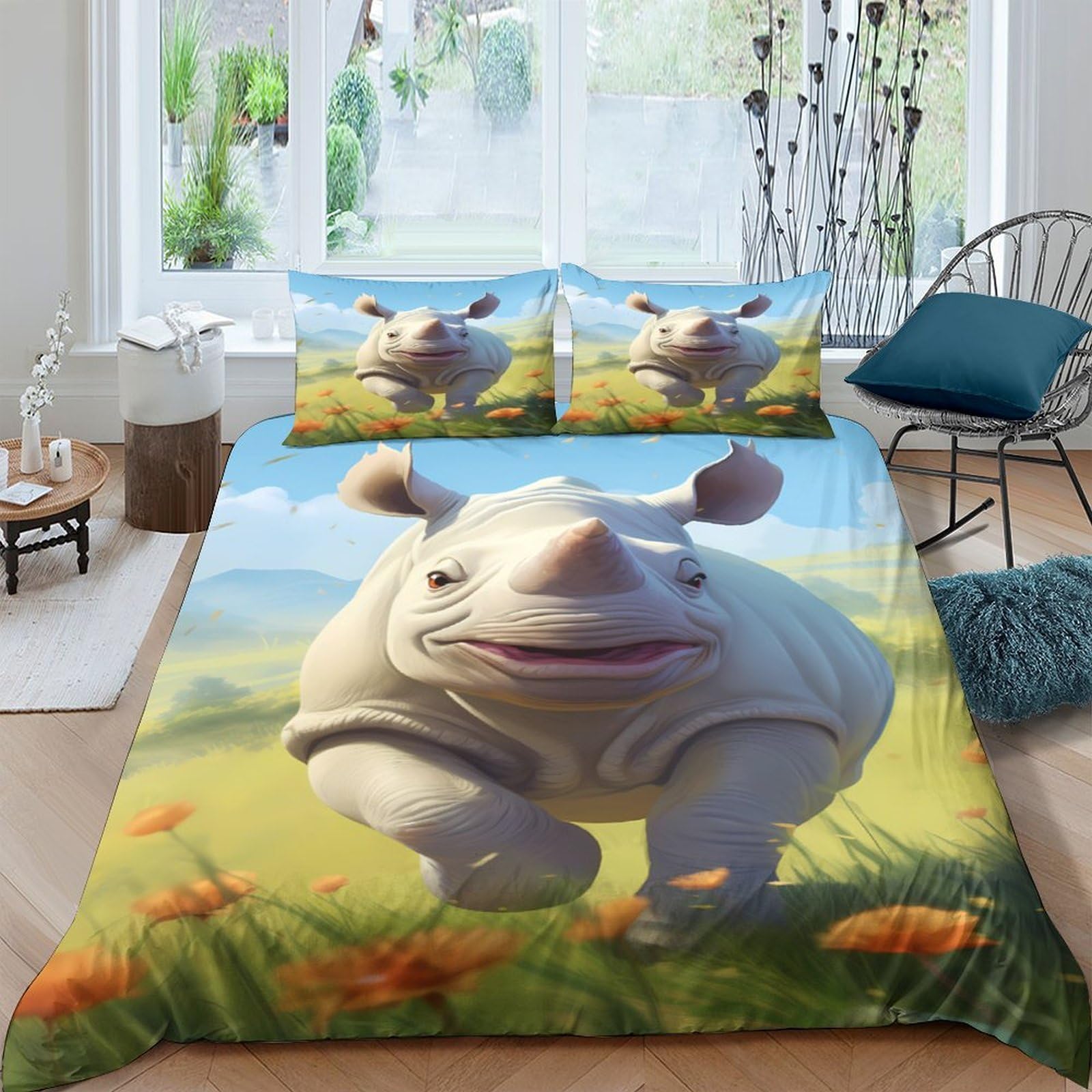 P5V6M1Q9 3D Printed Cartoon Rhino Duvet Cover Microfiber Soft Breathable Grassland Bedding Set with 2 Pillowcases for Bedroom Decor, 100-120cm Single（135x200cm）