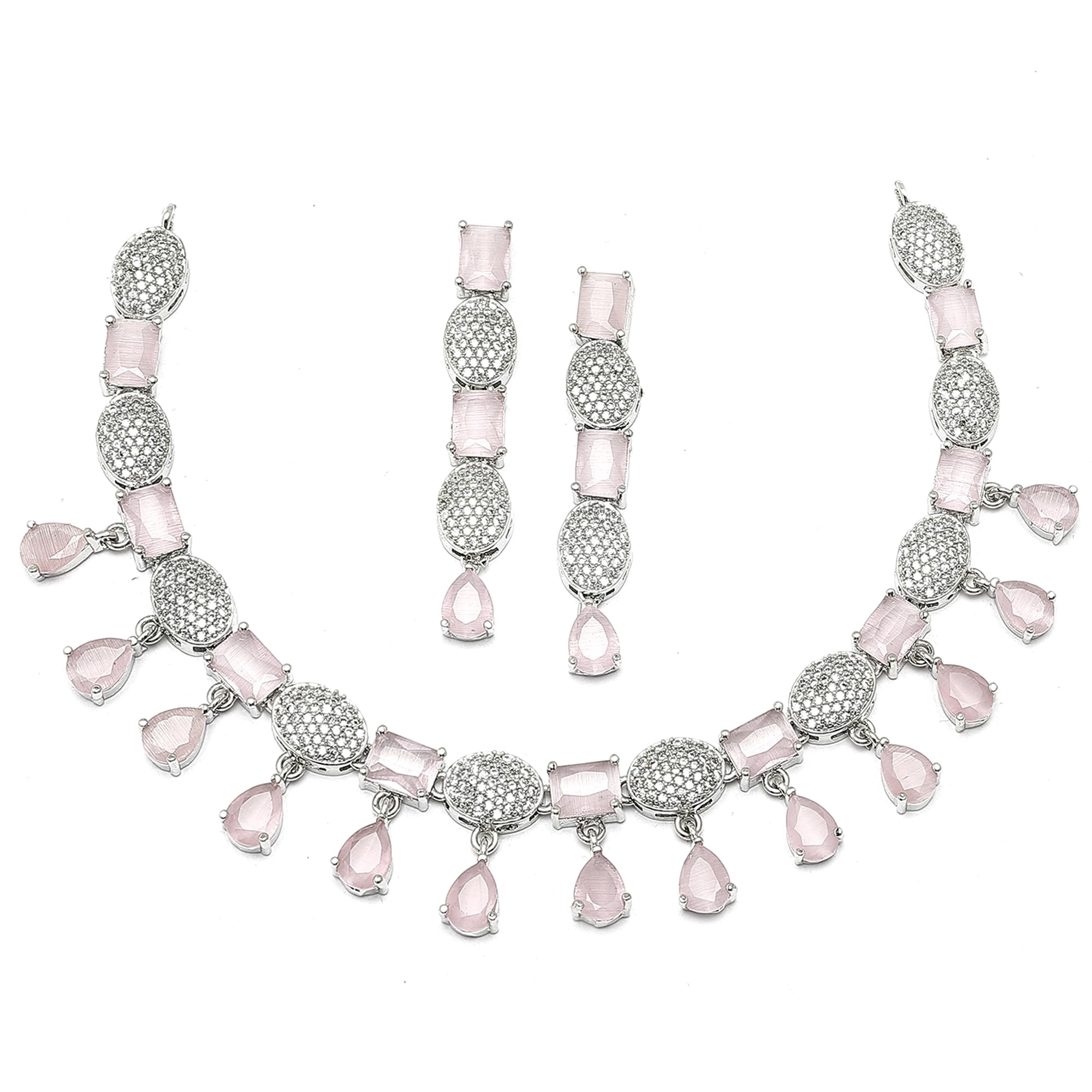 ZENEME Rhodium-Plated American Diamond Studded Intriguing Necklace With Earrings Jewellery Set For Girls and Women (Pink) (B0CGRMDRB4) Amazon Price History, Amazon Price Tracker