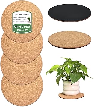 vensovo Cork Plant Coasters & Saucers 6 Inch Absorbent Round Mats for Indoor Flower Pots, Planters, Houseplants, Surface Protector for Table & Floor, 6 Pack