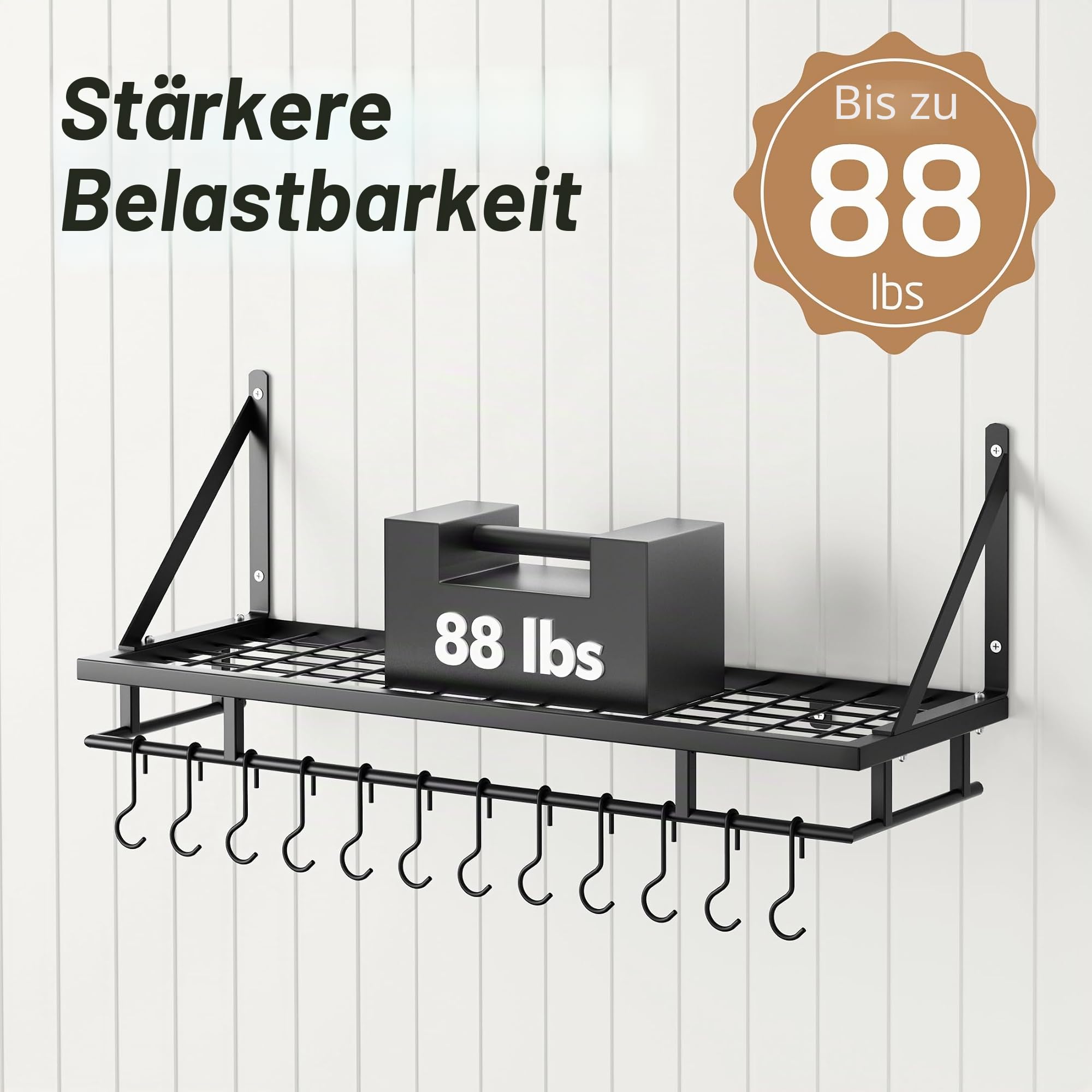 KES Küchenutensilienhalter Pfannenhalter Küchenregal Küche mit 12 Haken Hängeregal Gewürz Pfanne Regal Wandregal Küchenleiste 75CM Wandmontage Matt Schwarz, KUR215S75A-BK