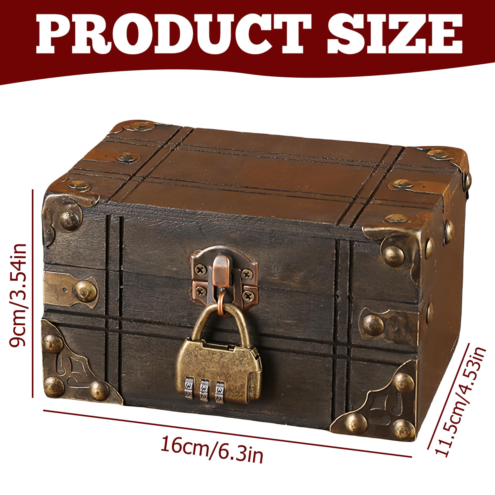 Coffret Trésor Verrouillable En Bois - 16 X 11 X 9 Cm, Serrure à Code, Pour Bijoux, Monnaies Ou Décoration - 11
