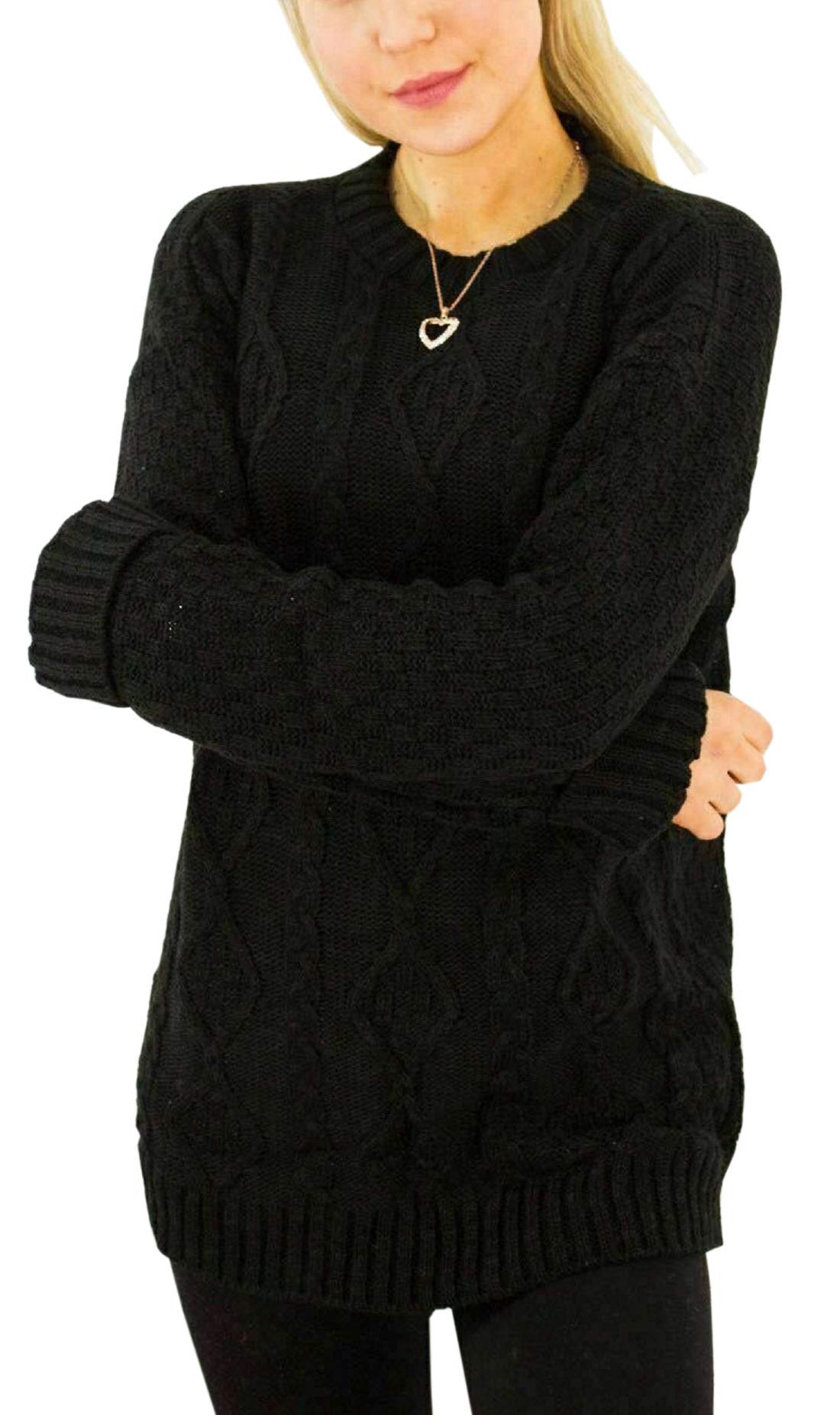 METLUQ M0D4 New Ladies Long Sleeve Chunky Cable Knitted Jumper Crew Neck Winter Sweater Top (Black, UK 8-10)