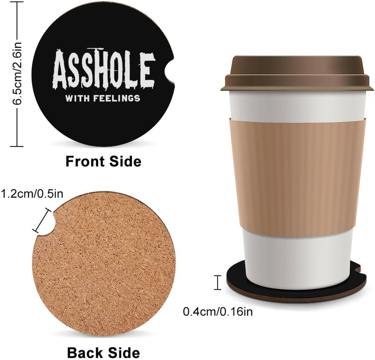 Asshole Bastard with Feelings Car Cup Holder Coaster with Cork Base 2.6 Inches Anti Slip