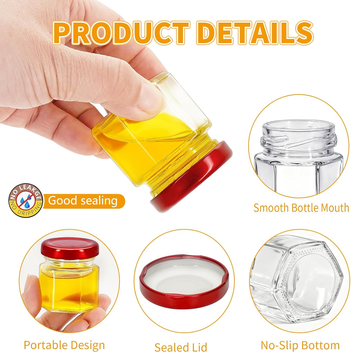 6Pcs 1.5oz Mini Glass Hexagon honey Jars Gold Lids, Jam Honey Dipper，Wedding Favors，Baby Food，Candle，Crafts Canning Jar，Glasses jar (6, Red lid, Mini) image 3