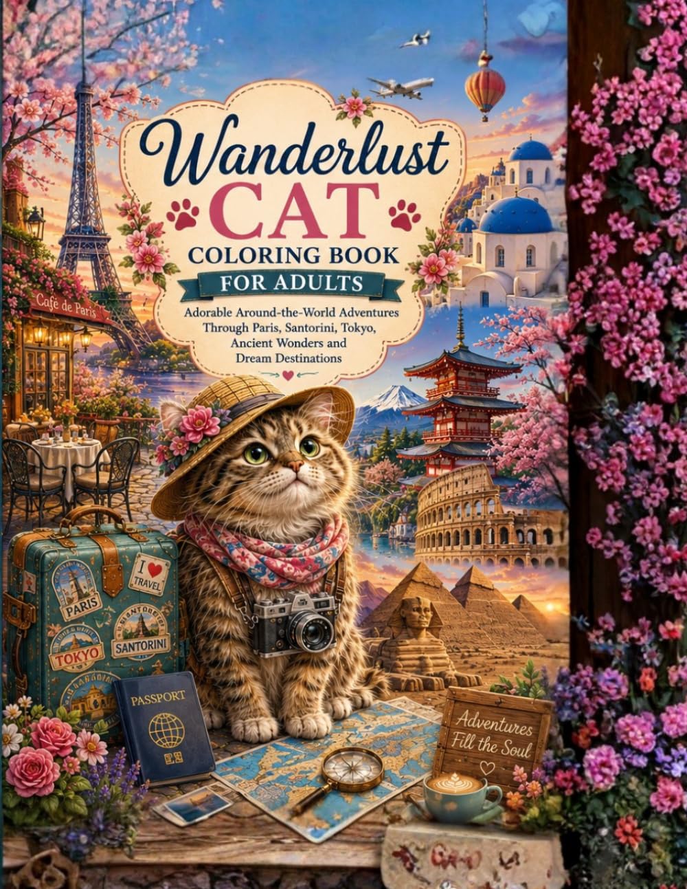 Wanderlust Cat Coloring Book for Adults: Adorable Around-the-World Adventures Through Paris, Santorini, Tokyo, Ancient Wonders and Dream Destinations