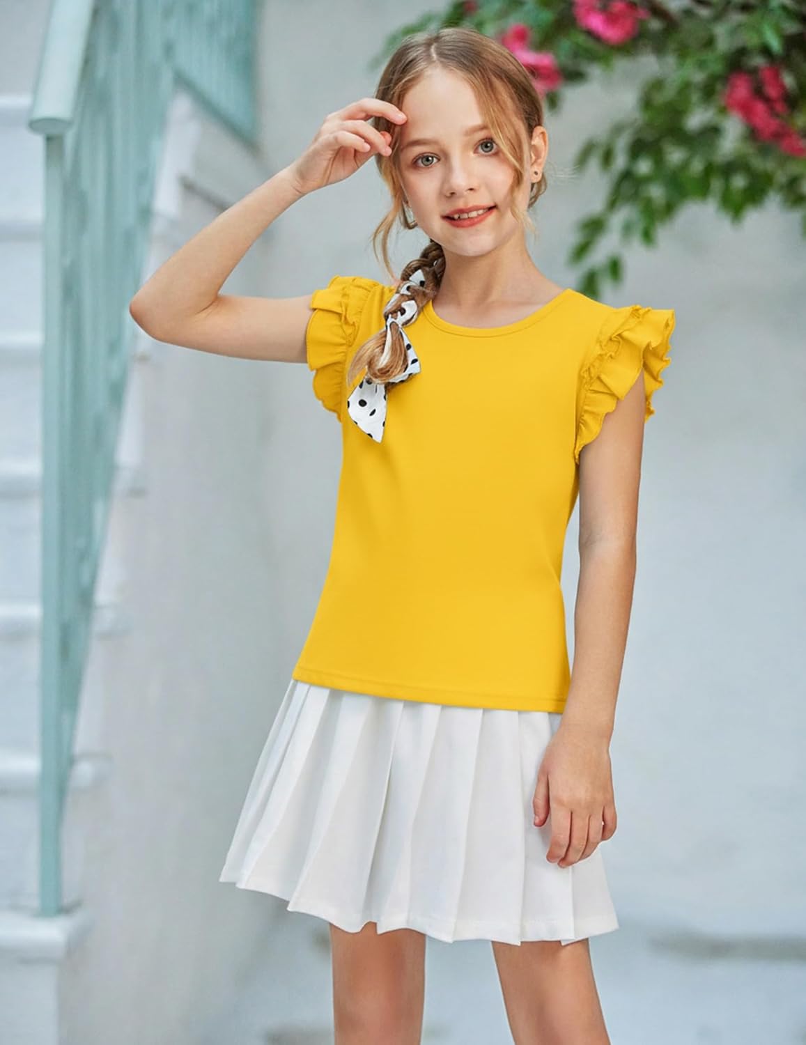 Arshiner Girls 2 Piece Outfits Summer Clothes Ruffle Short Sleeve Shirts Top and High Waist Paper Bag Shorts Set with Pockets - Image 6