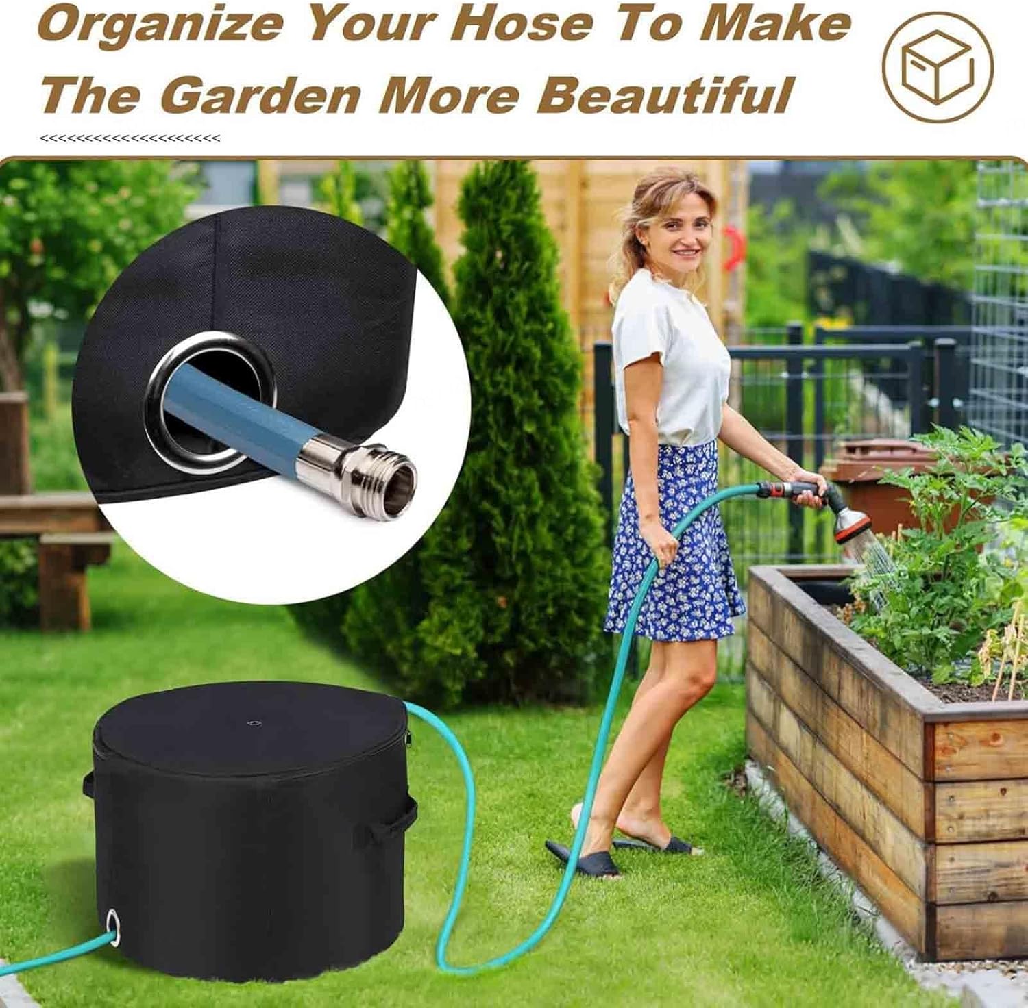 ホース 収納 45mの水道管を収容可能, 蓋付きガーデンホースジャー ホース入口付き ホース収納ボックス 庭の芝生用 屋外、芝生、庭