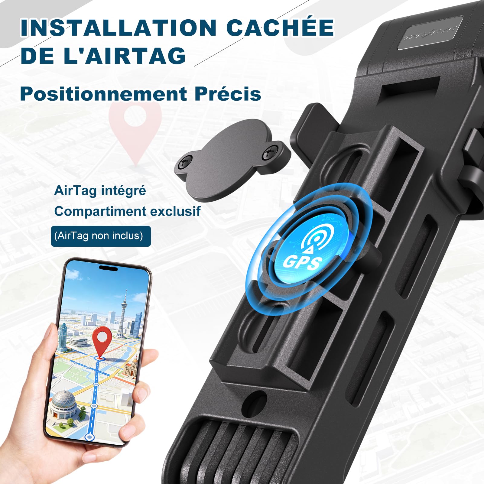 TECHCYC Antivol Vélo Pliable 90cm | Certifié ART avec Compartiment GPS | Acier Trempé | 3 Clés Incluses | Fixation Silencieuse Sans Cliquetis | Compatible Vélo électrique, VTT, Moto et Trottinette