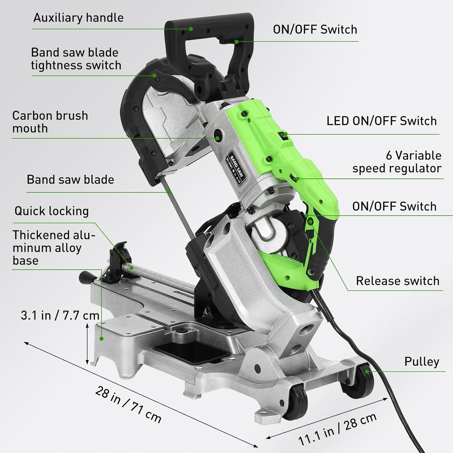 Portable Band Saw with Removable Alloy Steel Base, 10 Amp 5-Inch Deep Cut Metal Bandsaw with 6-Speed Variable Speed, 45°-90° Metal & Wood Cutting Table Saw with LED Light, 2 Blades & Wheels
