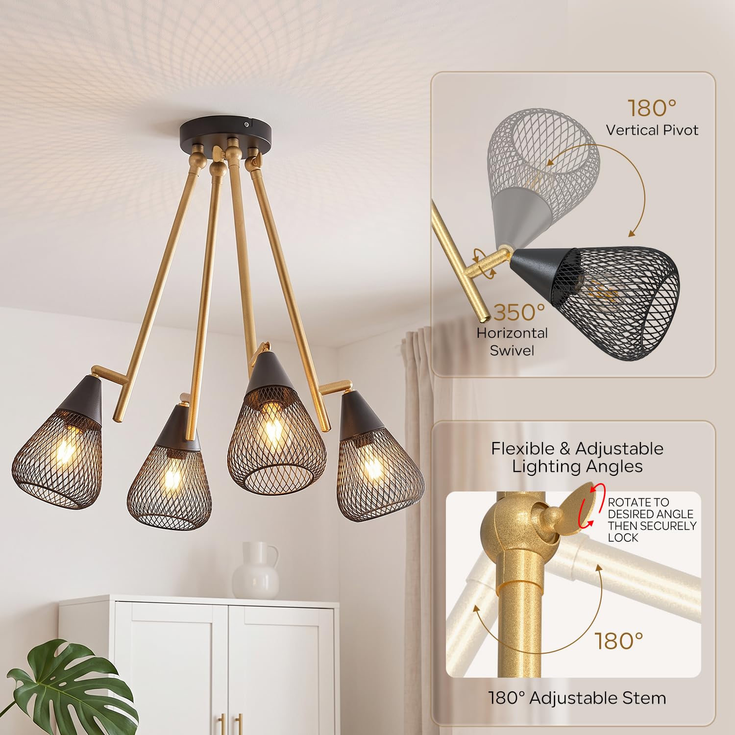 ANWIO Lámpara de Techo Negra con 4 Focos E14 Giratorios, Proyecto DIY de Iluminación para Personalizar tu Hogar, Ideal para Dormitorio, Pasillo o Cocina (Sin Bombillas)