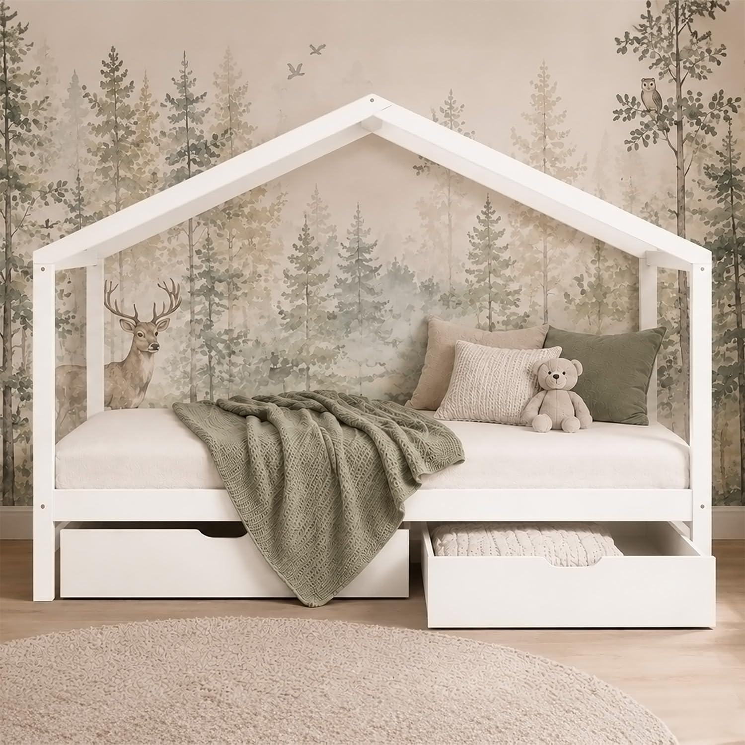 Homestyle4u Kinderbett 90x200, Hausbett Weiß mit Bettkasten