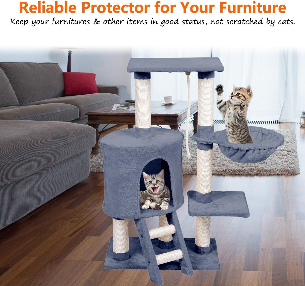 FIRSTWELL Cat Tree Condo Tower with Scratching Posts Kitty Trees House Bed Furniture for Kittens Grey PCT012