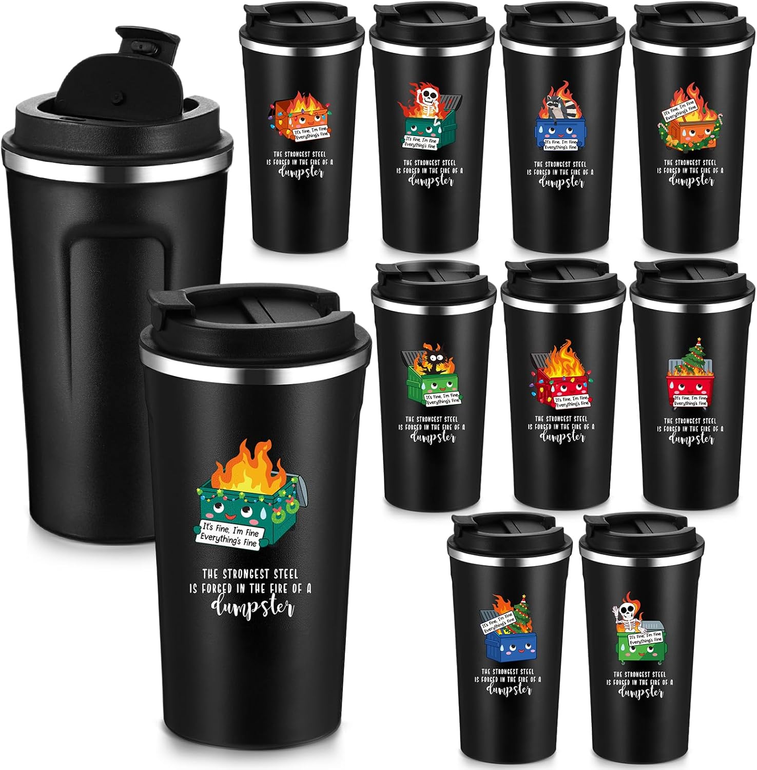 Skylety 10 Pcs Christmas Dumpster Fire Tumblers Funny Office Gifts for Coworkers White Elephant Gag Gifts 17oz Everything Is Fine Coffee Cup for Employee Team Work Friend Teacher(Xmas)