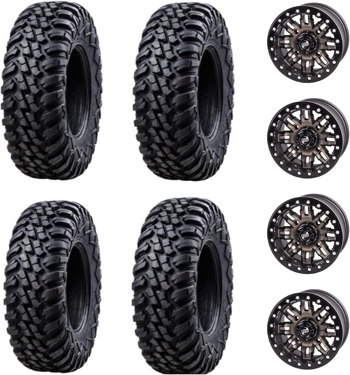 Tusk Racing Four 30x10-14 TERRABITE Heavy Duty 8-Ply Radial UTV Tires Mounted on TETON Beadlock Wheels - Polaris UTVs - 4/156 Bolt Pattern - Includes Lug Nuts (4+3 Wheel Offset, Smoke)